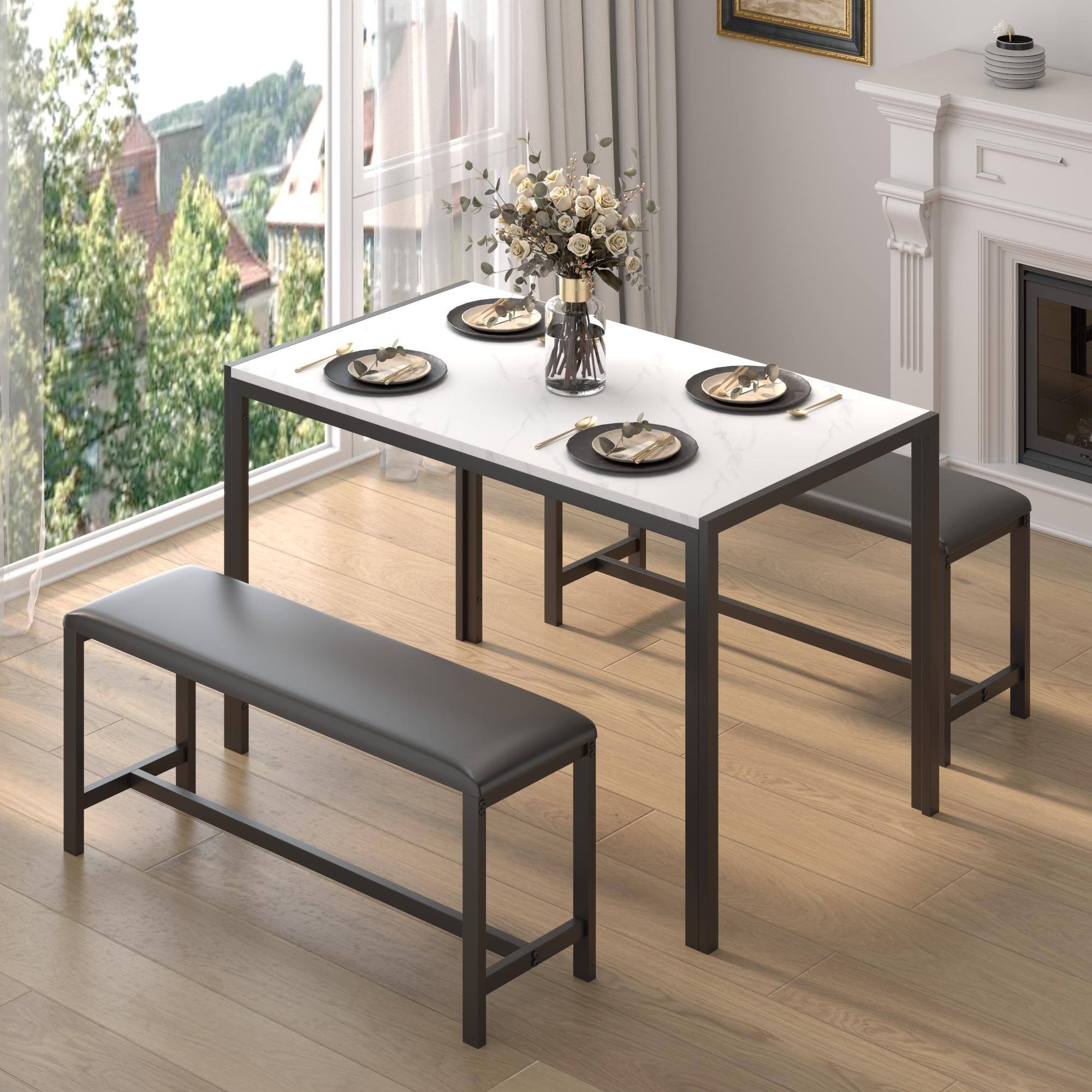 Back. U-HOMY - 3-Piece Dining Table Set for 4-6, Faux Marble Top with PU Leather Benches and Storage Shelf - Black&White.