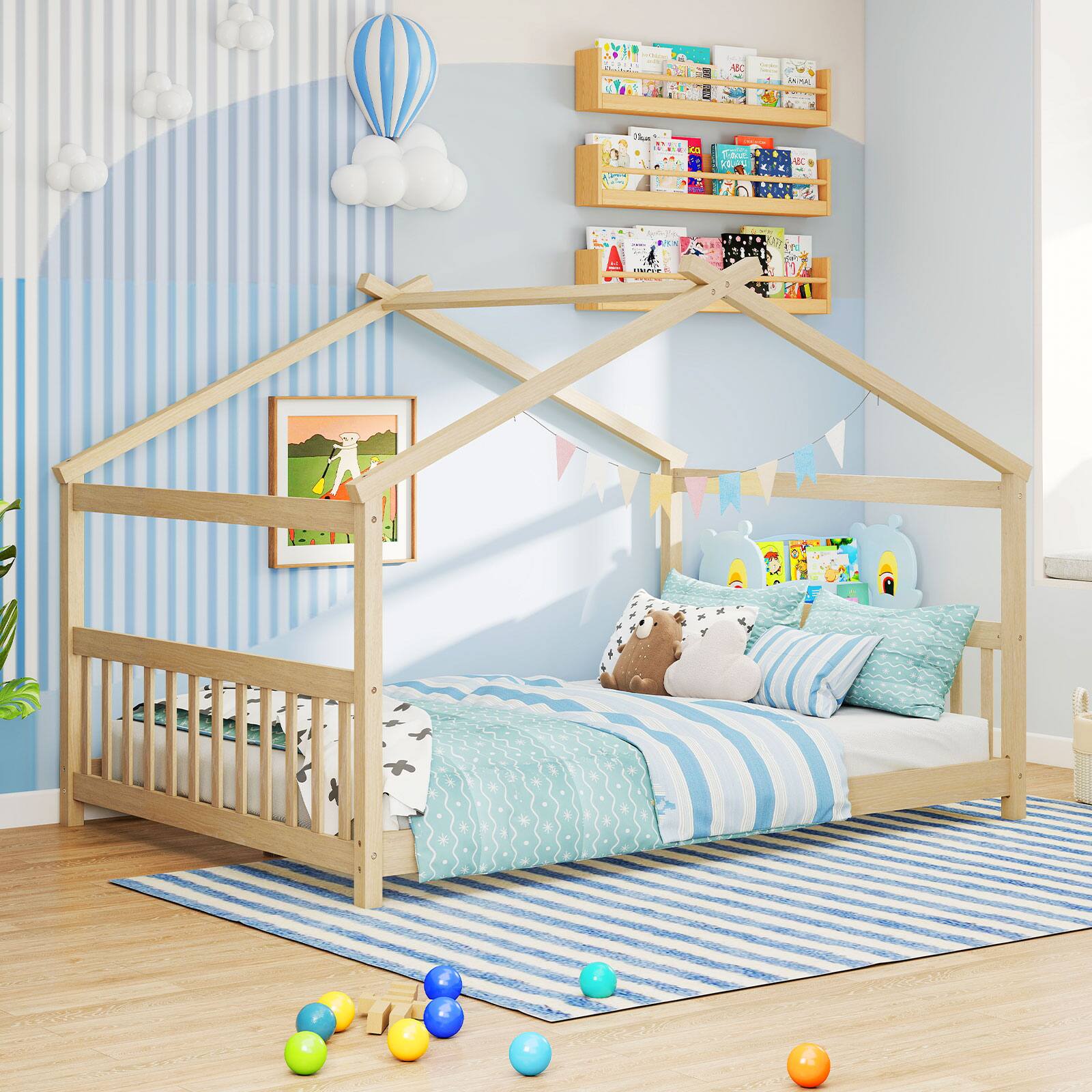 Alt View 3. Costway - Costway Full Size House Bed with Roof Wooden Low Floor Bed No Box Spring Needed - Beige.