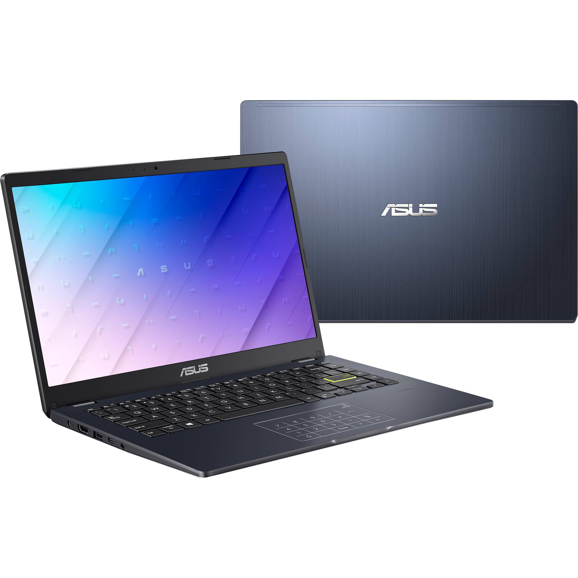 ASUS laptop computer with a purple screen.