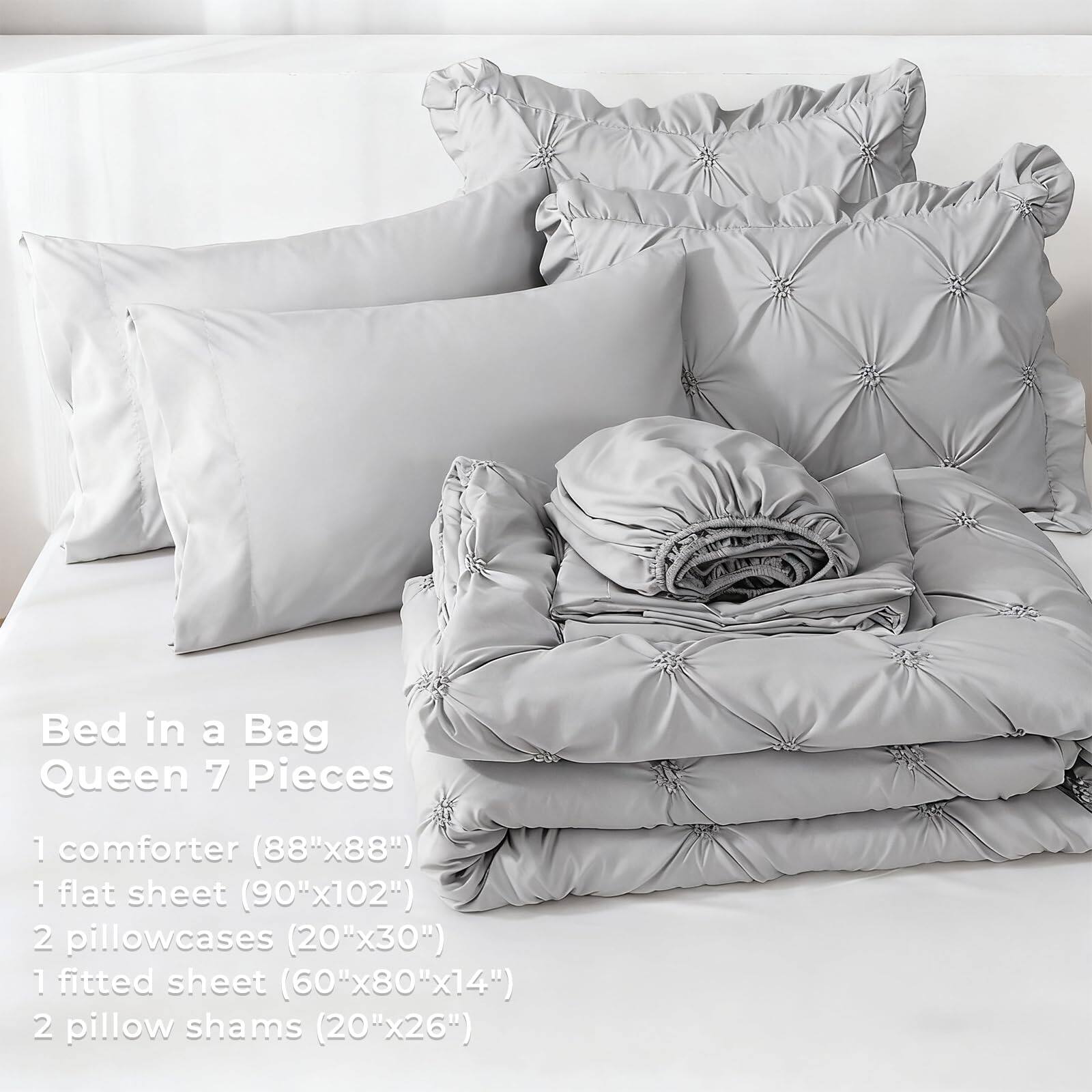 Bed in a Bag  
Queen 7 Pieces  

1 comforter (88"x88")  
1 flat sheet (90"x102")  
2 pillowcases (20"x30")  
1 fitted sheet (60"x80"x14")  
2 pillow shams (20"x26")