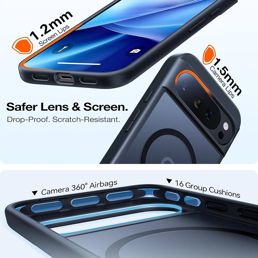 1.2mm Screen Lips  
1.5mm Camera Lips  

Safer Lens & Screen.  
Drop-Proof. Scratch-Resistant.  

Camera 360° Airbags  
16 Group Cushions