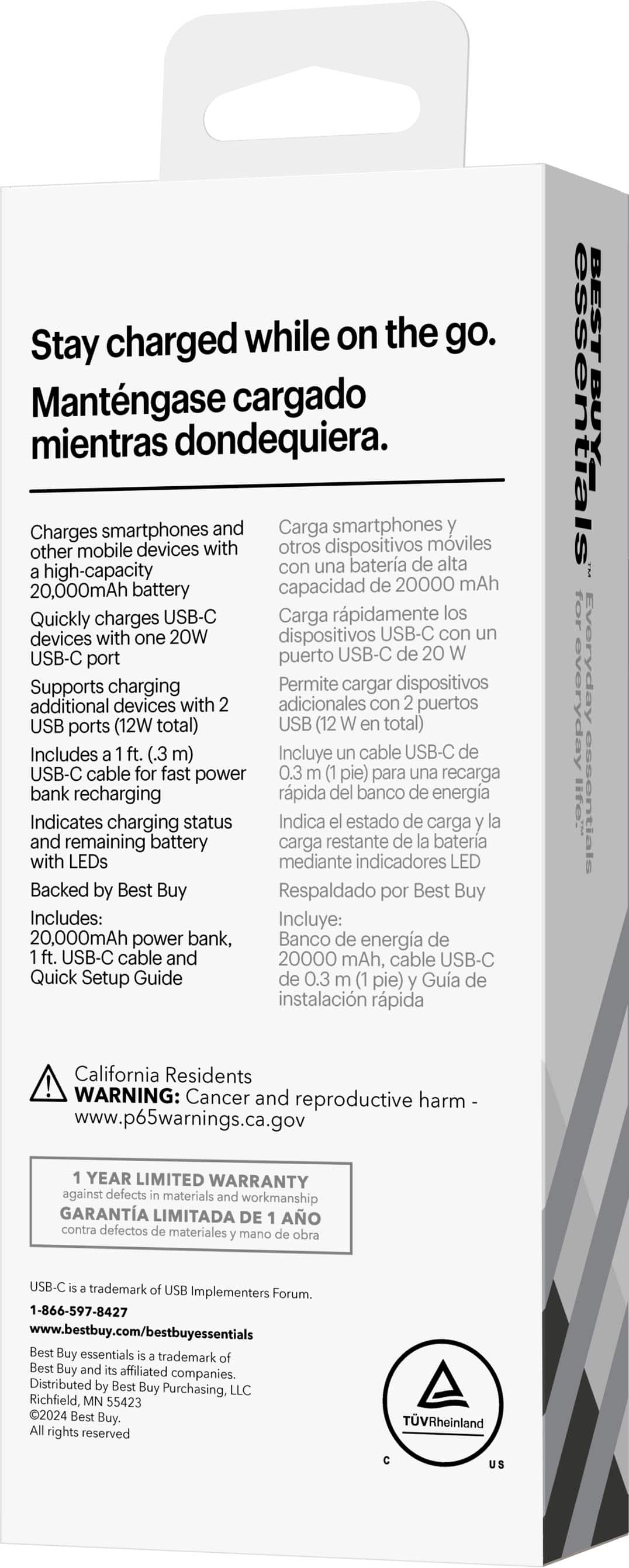 Stay charged while on the go. Mantngase cargado mientras dondequiera. Charges smartphones and other mobile devices with high-capacity 20000 mAh batteries. Quickly charges USB-C devices with one 20W USB-C port (12W total). Supports charging additional devices with USB ports (12W total). Includes a 0.3 m USB-C cable for fast power bank recharging. Indicates charging status and remaining battery with LEDs. Backed by Best Buy. Includes: 20,000mAh power bank, USB-C cable, and Quick Setup Guide.
