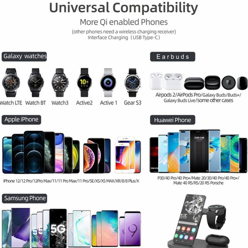 Universal Compatibility

More Qi enabled Phones (other phones need a wireless charging receiver) Interface Charging (USB Type-C)

Galaxy watches
- Watch LTE
- Watch BT
- Watch3
- Active2
- Active 1
- Gear S3

Earbuds
- Airpods 2/AirPods Pro/Galaxy Buds/Buds+/Galaxy Buds Live/some other cases

Apple iPhone
- iPhone 12/12 Pro/12 Pro Max/11/11 Pro Max/11 Pro/SE/XS/XS MAX/XR/8/8 Plus/X

Huawei Phone
- P30/40 Pro/40 Pro+/Mate 20/30/40 Pro/40 Pro+/Mate 40 RS/RS/20 RS Porsche

Samsung Phone
- 55 5G