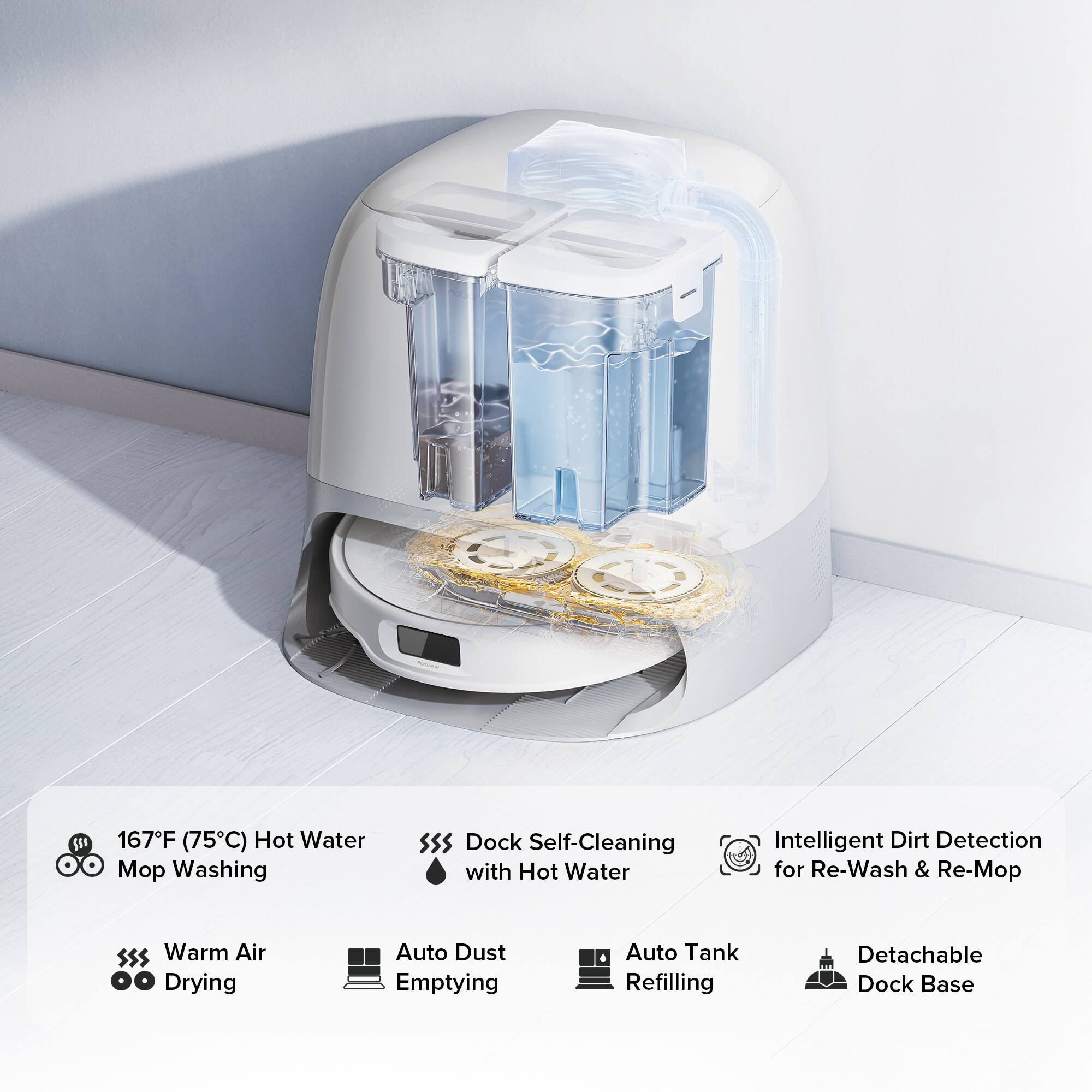 The text on the image is describing a small appliance that is designed for washing and cleaning purposes. It is a self-cleaning machine that uses hot water for washing and has an intelligent dirt detection system. The appliance also features a warm air drying function, an auto dust emptying system, and an auto tank refilling system. Additionally, it has a detachable dock base, making it convenient for use in various settings.