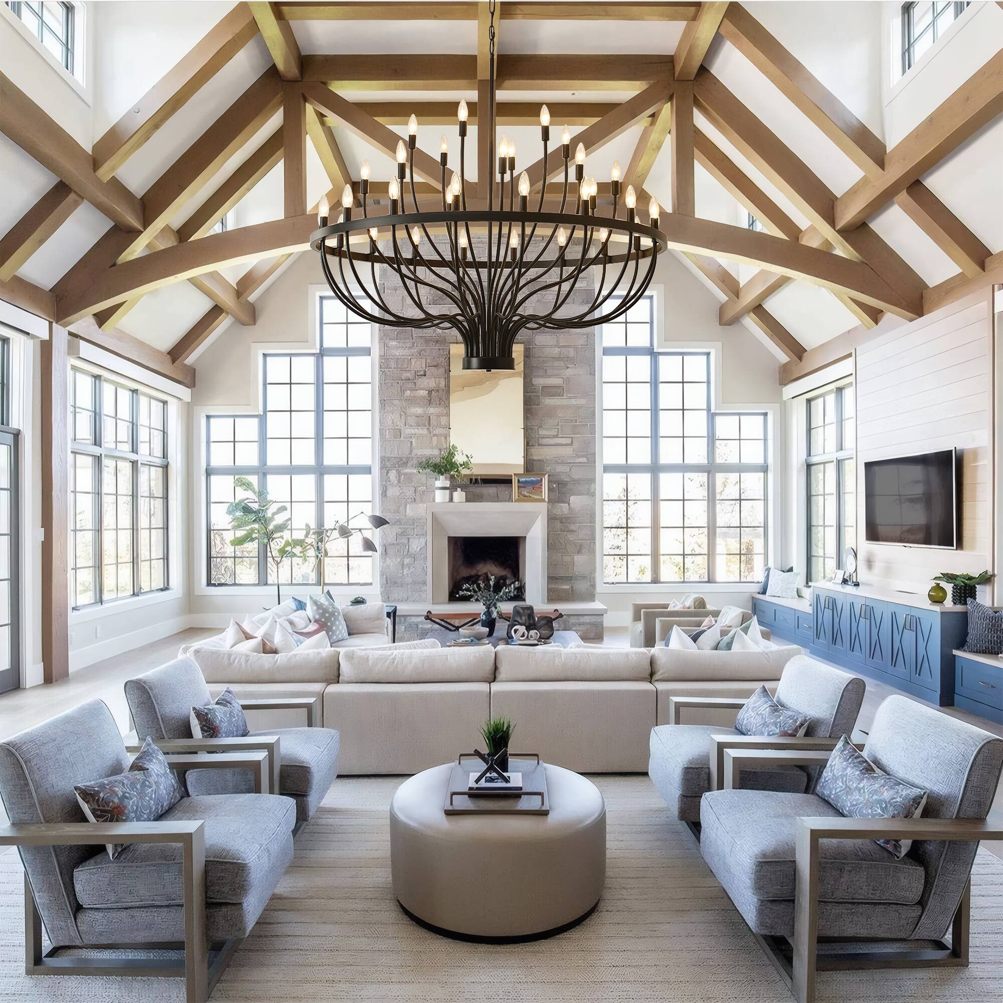 Left. RYHNUYNE - 47.2-Inch Farmhouse Foyer Chandelier Entryway High Ceiling 33-Light Candle Chandelier Light Fixtures for Hallway - Black.