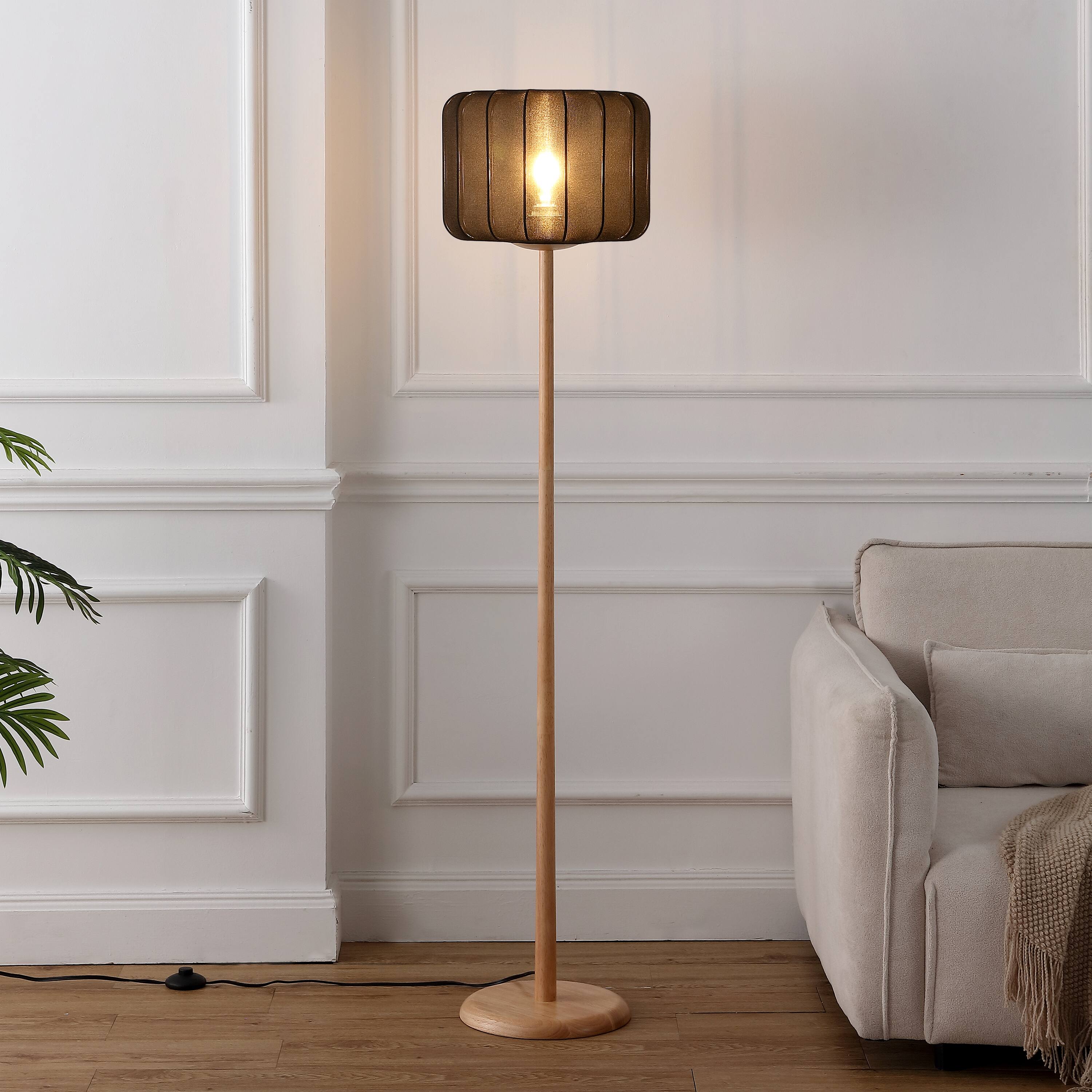 Alt View 1. Jonathan Y - Maryna 59.5 in. Minimalist Modern Teahouse Wood with Ribbed Cocoon Pumpkin Shade LED Floor Lamp, Black/Light Brown - Light Brown Wood.