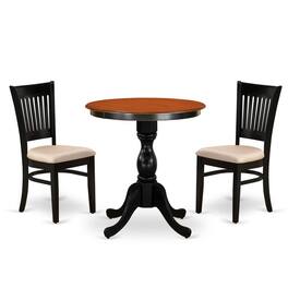 East West Furniture - 3-Piece Dining Table Set Include a Wood Table and 2 Linen Fabric Kitchen Chairs with Slatted Back - Multi-Color