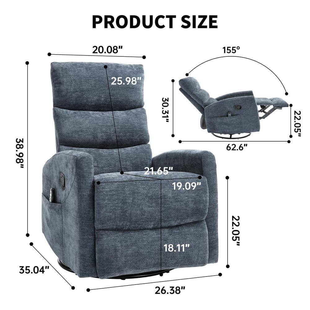 PRODUCT SIZE

- Width: 38.98"
- Height: 35.04"
- Depth: 26.38"
- Seat Height: 18.11"
- Seat Depth: 22.05"
- Back Height: 25.98"
- Arm Height: 20.08"
- Reclining Angle: 155°
- Reclining Distance: 30.31"
- Overall Length: 62.6"
- Overall Width: 22.05"
- Overall Depth: 21.65"
- Side Table Height: 19.09"
- Side Table Depth: 22.05"