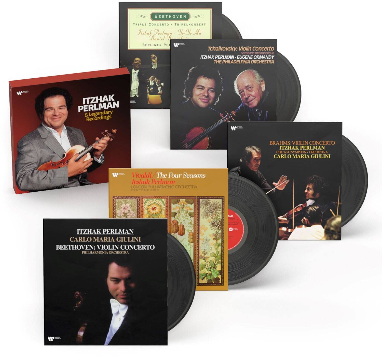 **ITZHAK PERLMAN**  
5 Legendary Recordings

**BEETHOVEN**  
TRIPLE CONCERTO - TRIPELKONZERT  
Itzhak Perlman, Yo-Yo Ma, Daniel Barenboim  
BERLIN PHILHARMONIC ORCHESTRA

**Tchaikovsky: Violin Concerto**  
serenade miancolique  
ITZHAK PERLMAN - EUGENE ORMANDY  
THE PHILADELPHIA ORCHESTRA

**BRAHMS: VIOLIN CONCERTO**  
ITZHAK PERLMAN  
CHICAGO SYMPHONY ORCHESTRA  
CARLO MARIA GIULINI

**Vivaldi: The Four Seasons**  
ITZHAK PERLMAN  
LONDON PHILHARMONIC ORCHESTRA  
CARLO MARIA GIULINI

**BEETHOVEN: VIOLIN CONCERTO**  
ITZHAK PERLMAN  
PHILHARMONIA ORCHESTRA