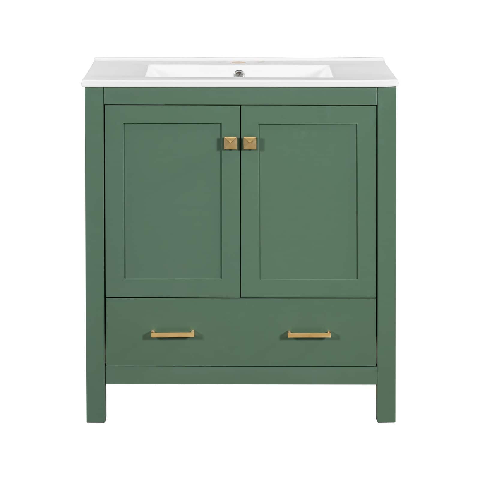 Ecooso - 30" Bathroom Vanity with Ceramic Sink, 2 Soft-Close Doors, Divider Drawer & Door Shelves - Green