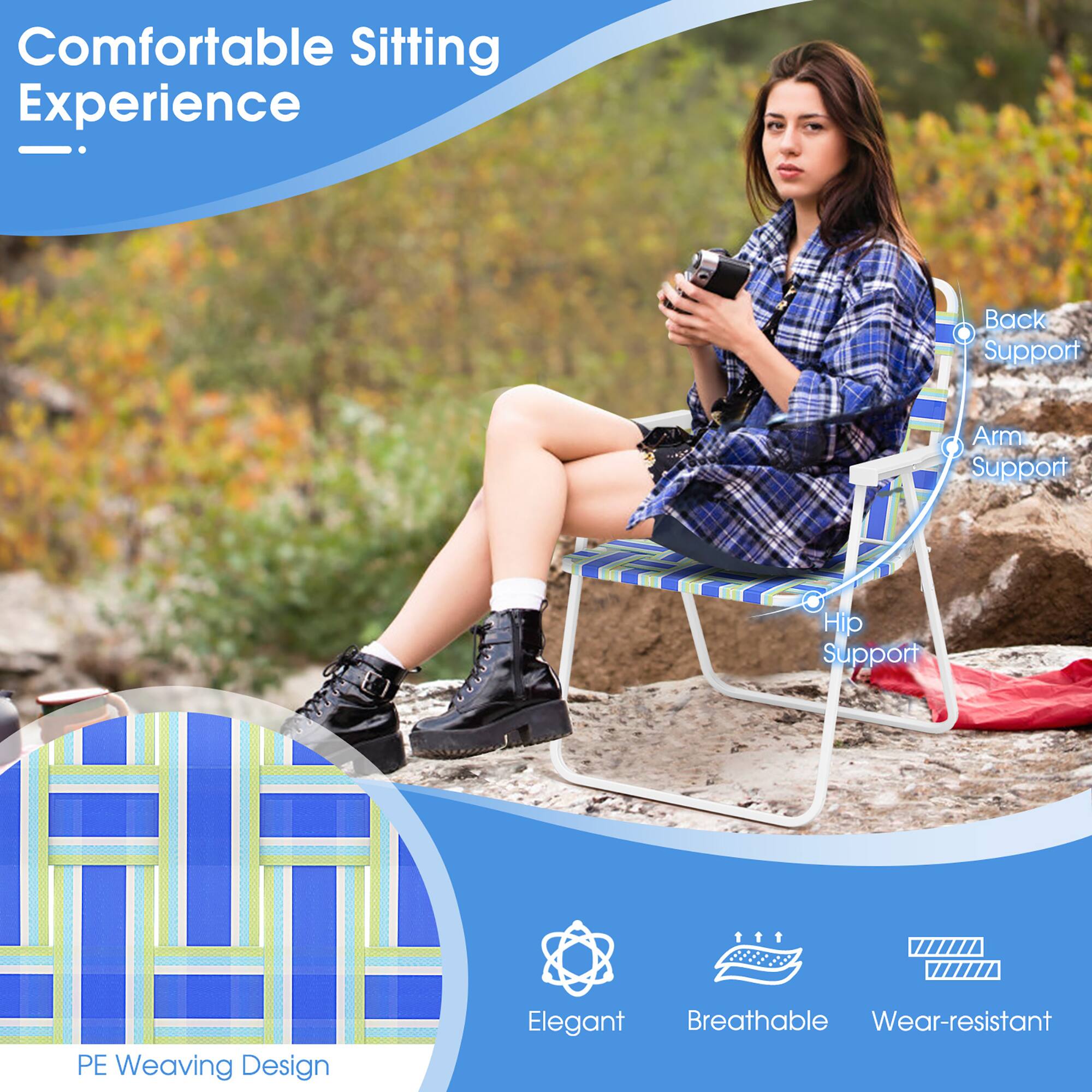 Comfortable Sitting Experience

- Back Support
- Arm Support
- Hip Support

PE Weaving Design

Elegant
Breathable
Wear-resistant