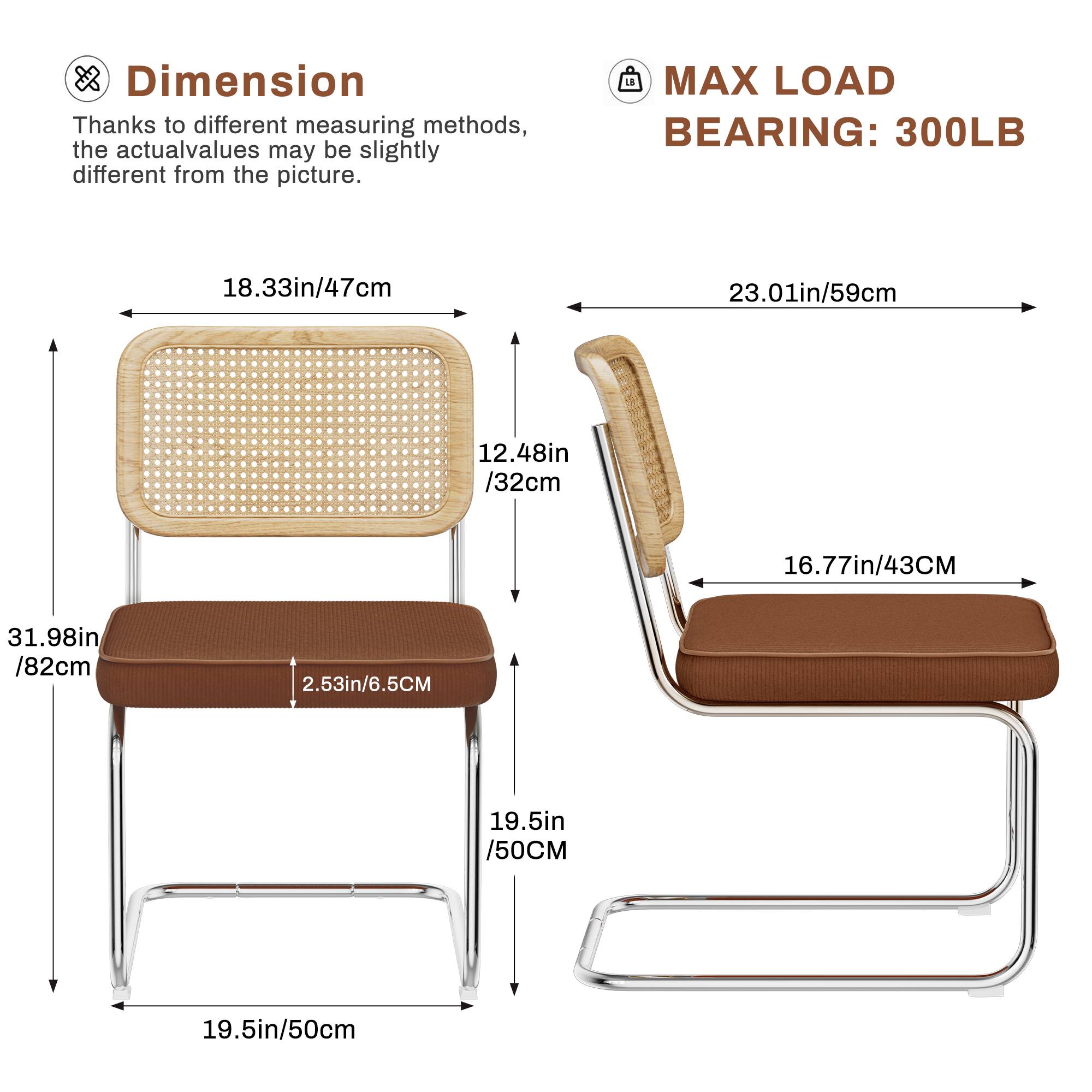 **Dimension**

Thanks to different measuring methods, the actual values may be slightly different from the picture.

- **MAX LOAD BEARING:** 300LB
- **Dimensions:**
  - 18.33in/47cm
  - 23.01in/59cm
  - 12.48in/32cm
  - 16.77in/43cm
  - 31.98in/82cm
  - 2.53in/6.5cm
  - 19.5in/50cm