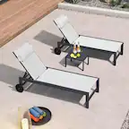 Front. PURPLE LEAF - 3-Pieces Aluminum Frame with Side Table and Wheels for Outside Sunbathing Tanning Recliner Including Pillows, White - White.