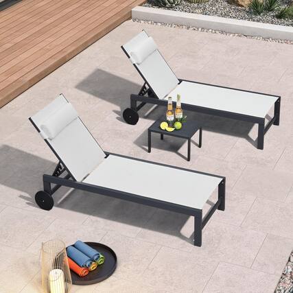 Front. PURPLE LEAF - 3-Pieces Aluminum Frame with Side Table and Wheels for Outside Sunbathing Tanning Recliner Including Pillows, White - White.