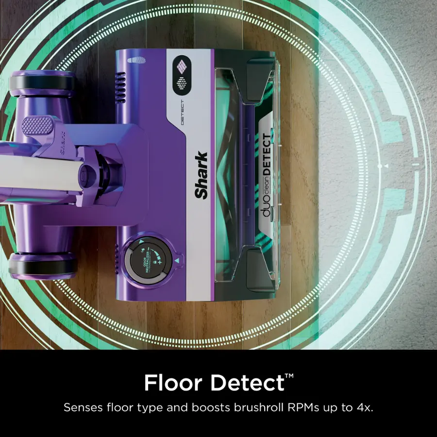 Floor Detect is a cleaning device that senses floor type and boosts brushroll RPMs up to 4x. It is designed by Shark and is part of the Shark DETECT clean duo.