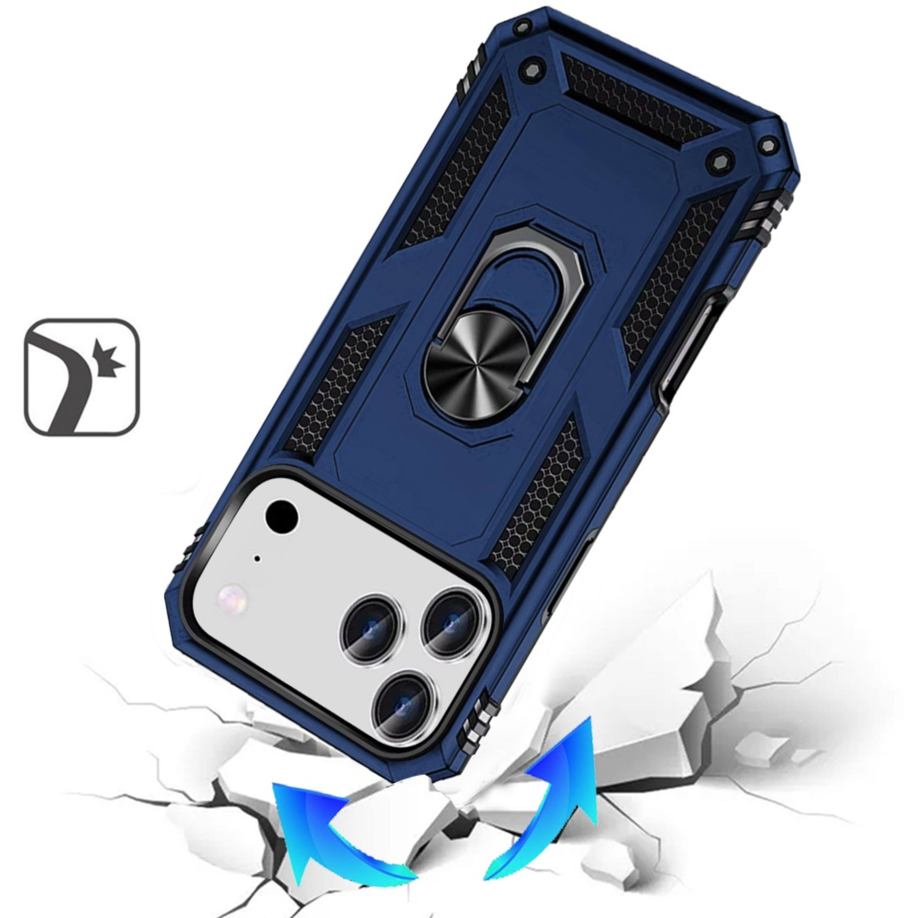 Angle. Kitcheniva - Rugged Metal Ring Kickstand Phone Case With Tempered Glass For iPhone 17 Pro Blue - Blue.