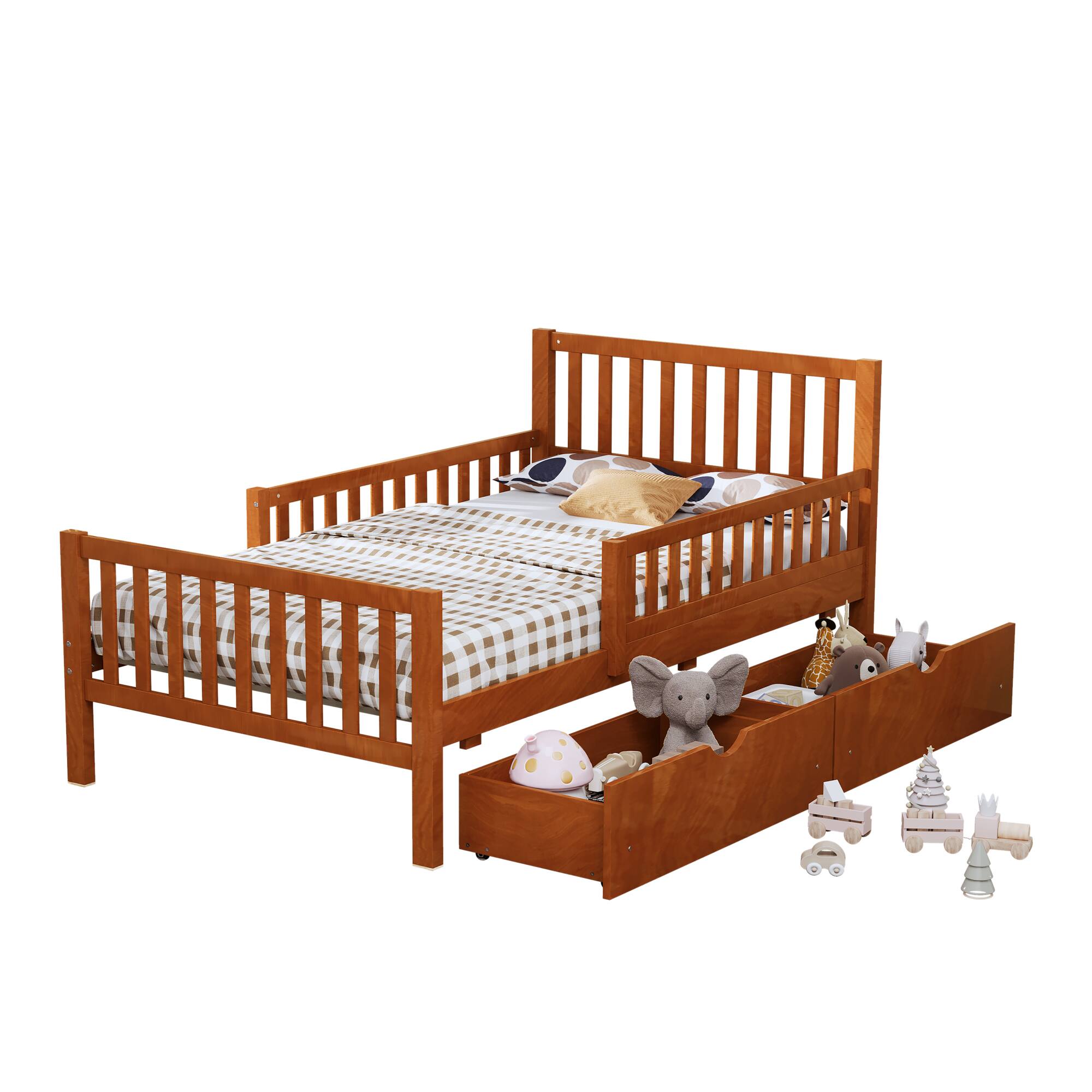 Alt View 1. GOODSILO - Twin Size Wood Platform Bed with Dual Guardrails and Underbed Storage Drawers for Enhanced Safety and Organization - Walnut.