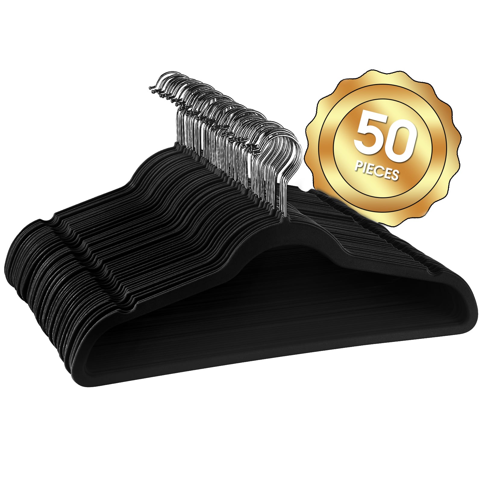 Elama - Home 50 Piece Flocked Velvet Clothes Hangers with Stainless Steel Swivel Hooks - Black