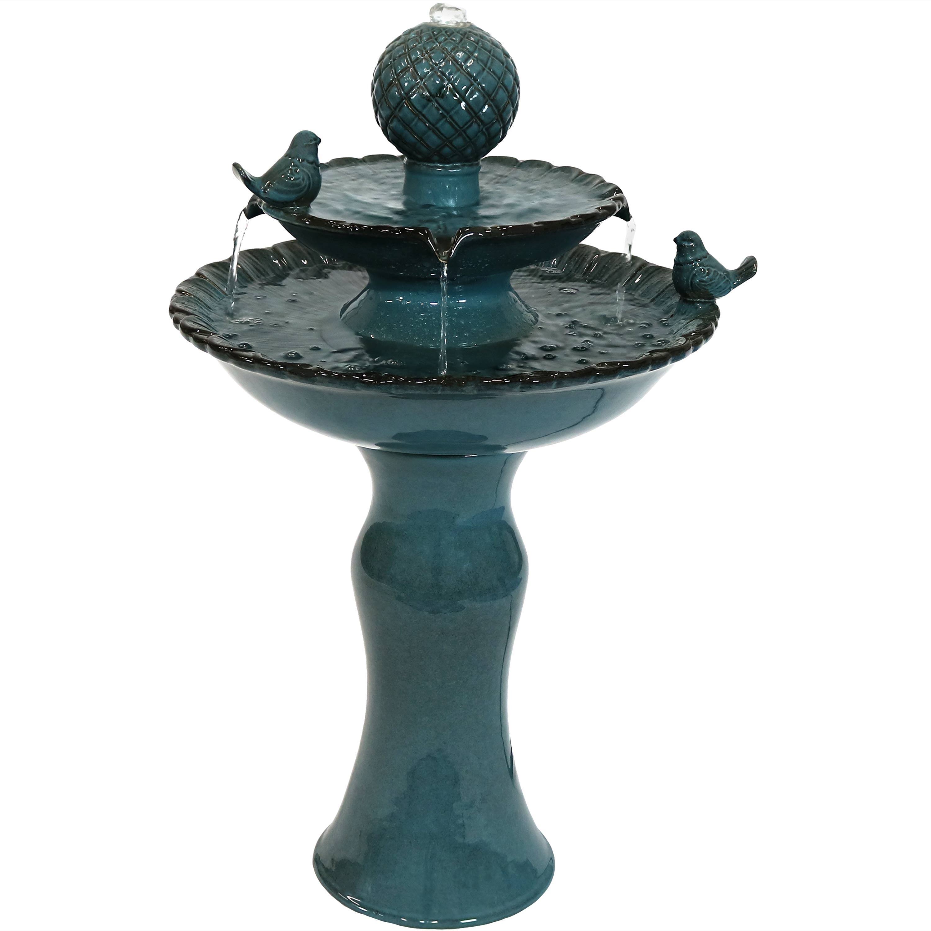 Sunnydaze - Resting Birds Ceramic Outdoor 2-Tier Water Fountain - Blue