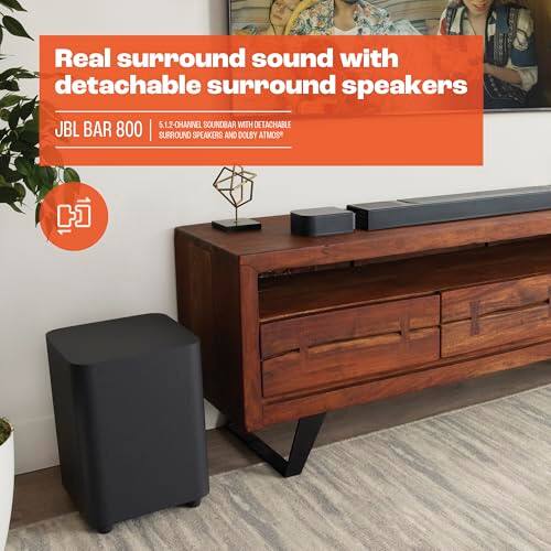 Real surround sound with detachable surround speakers

5.1.2-Channel Soundbar with Detachable JBL Bar 800 Surround Speakers and Dolby Atmos