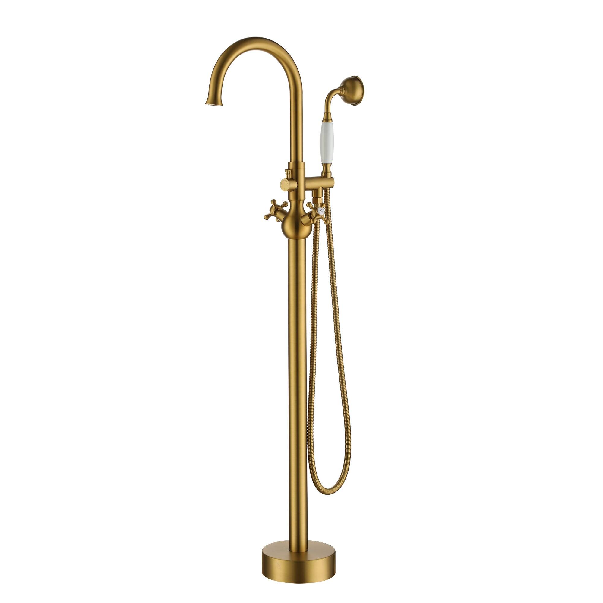 Front. Boyel Living - Classic Floor Mount 3-Handle Freestanding Tub Faucet with Hand Shower and Water Supply Hoses in Brushed Gold - Brushed Gold.