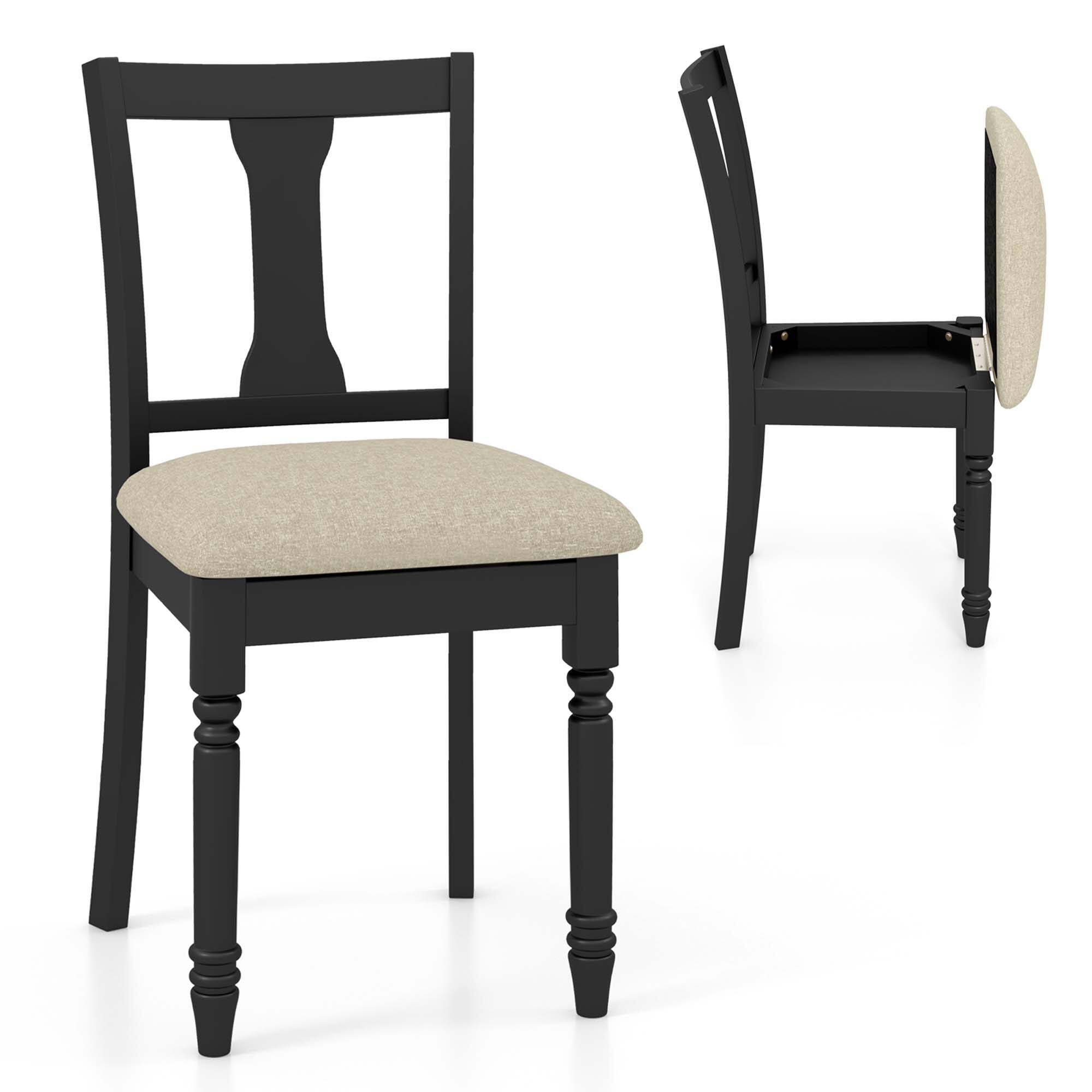 Front. Costway - Costway 2 PCS Wood Chair Antique Upholstered Chair with Storage Space - Black+Beige.