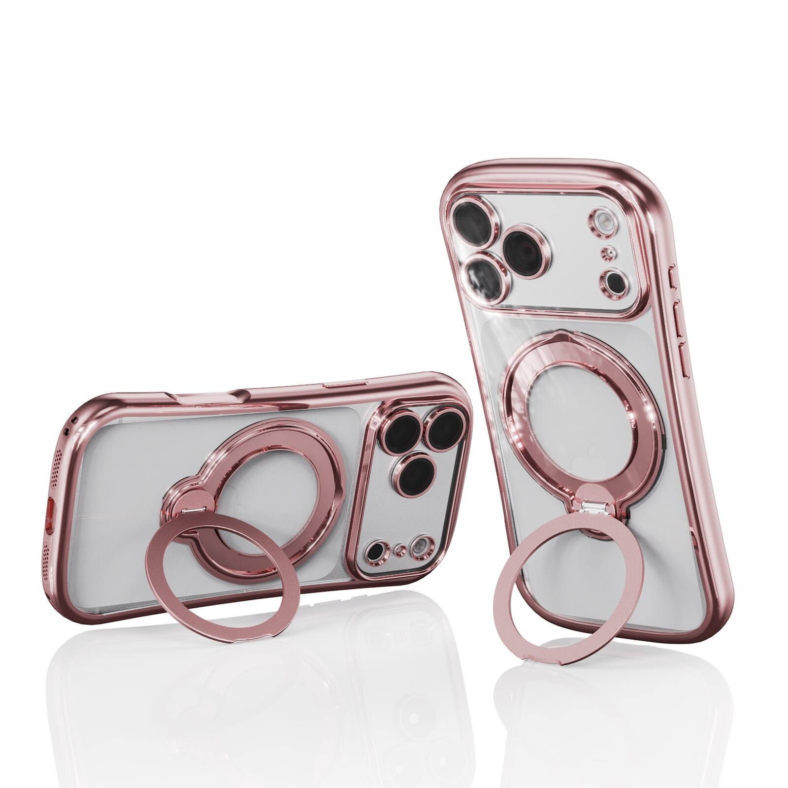 Left. UUCOVER - Magnetic Clear Case for iPhone 17 Pro Max Shockproof TPU Ring Stand Camera Lens Protector Cover with Shoulder Strap - Pink.