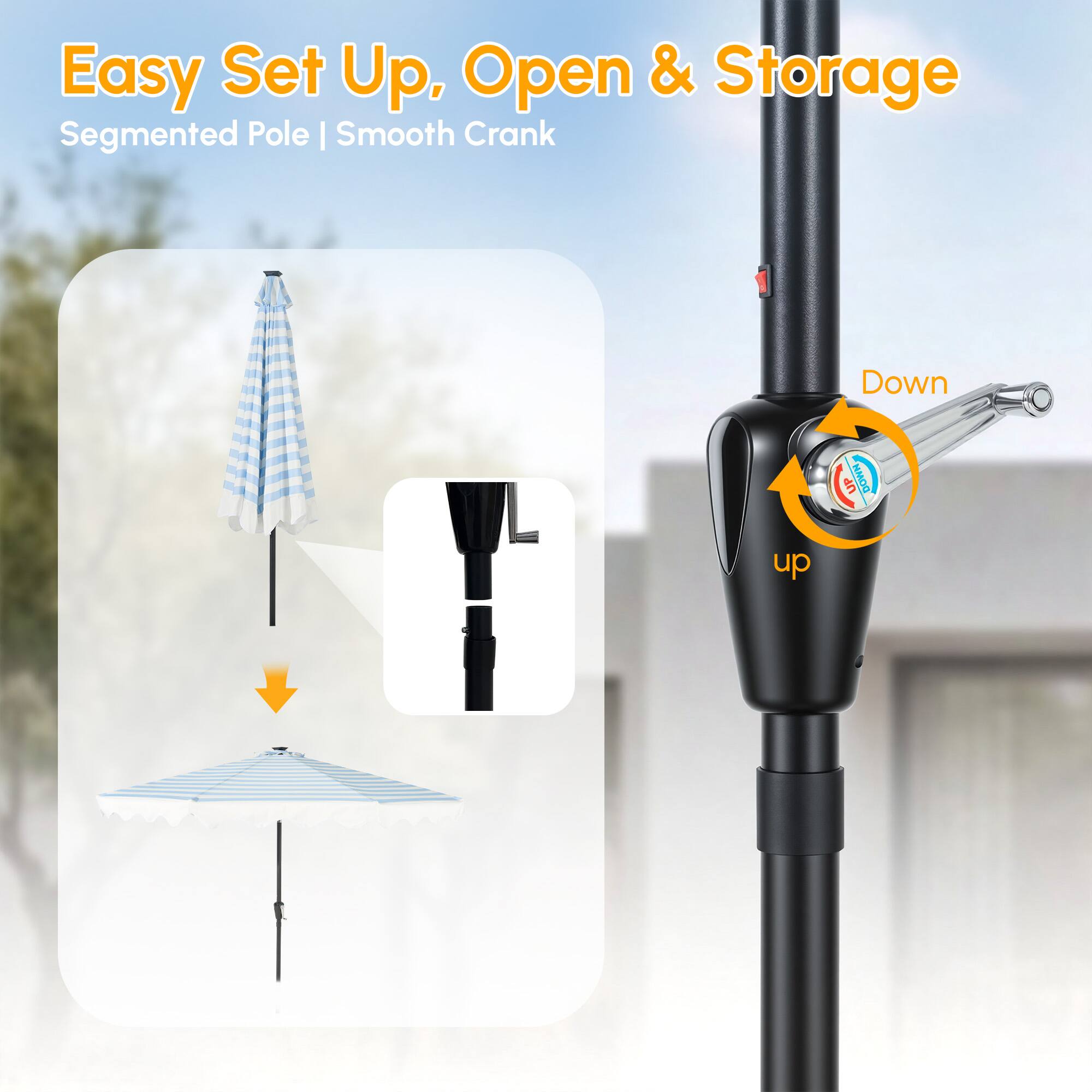Easy Set Up, Open & Storage  
Segmented Pole | Smooth Crank
