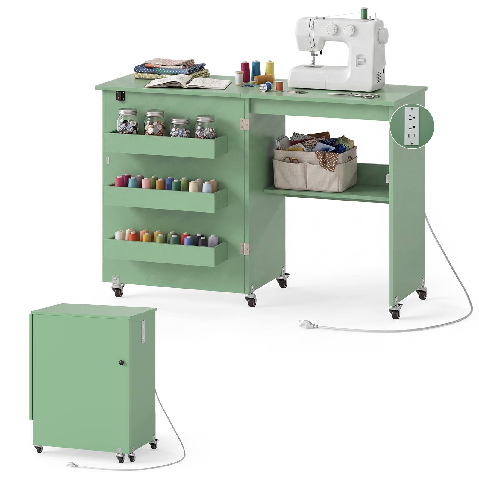 Costway - Folding Sewing Machine Table with Power Outlets, 3 Storage Bins & Open Shelf - Olive Green price history on PriceWatchPro