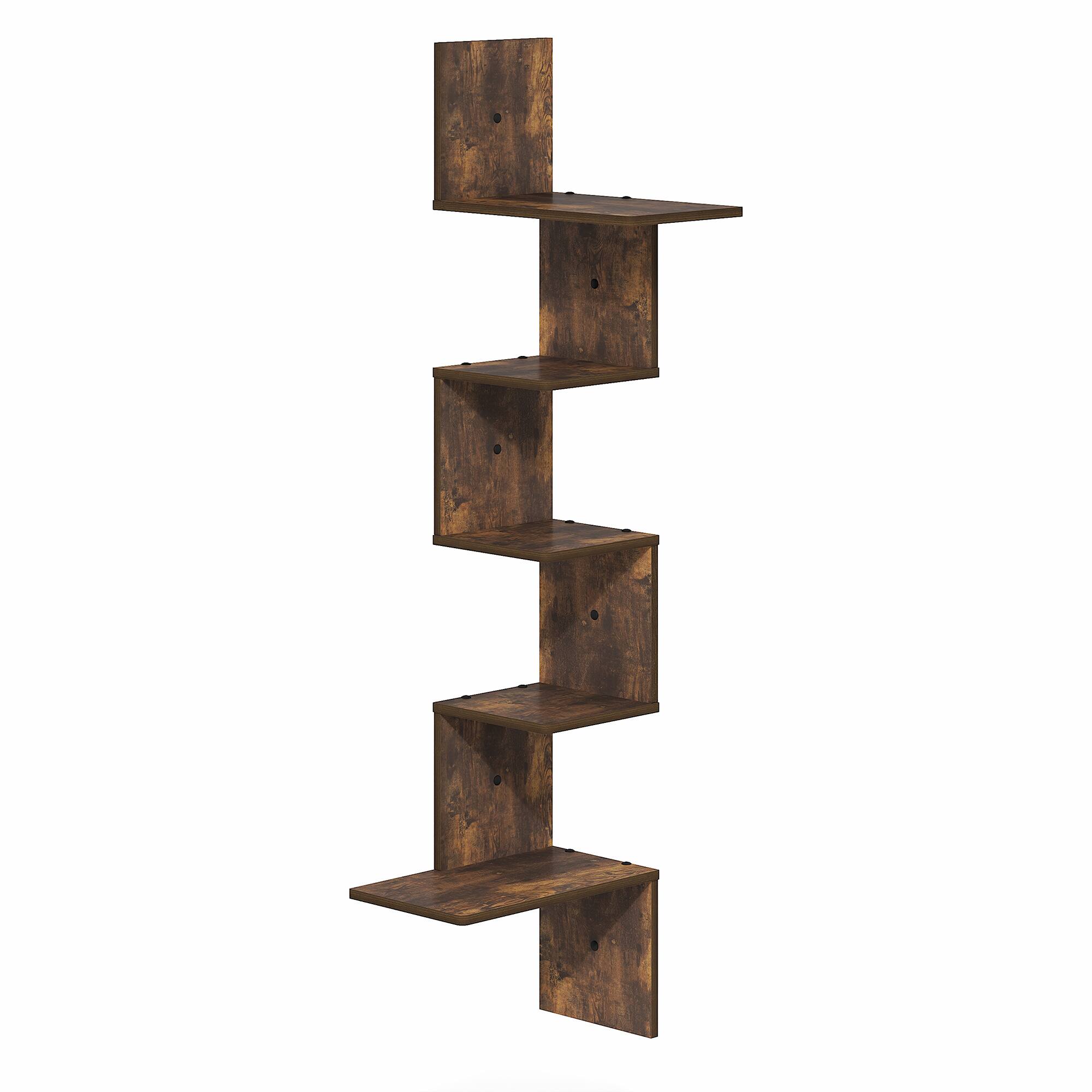 Alt View 4. Furinno - ROSSI Corner Floating Shelves for Wall, Corner Rectangular Wall Shelf, S-shape Radial Floating Book Shelf, Easy Assembly - Amber Pine.