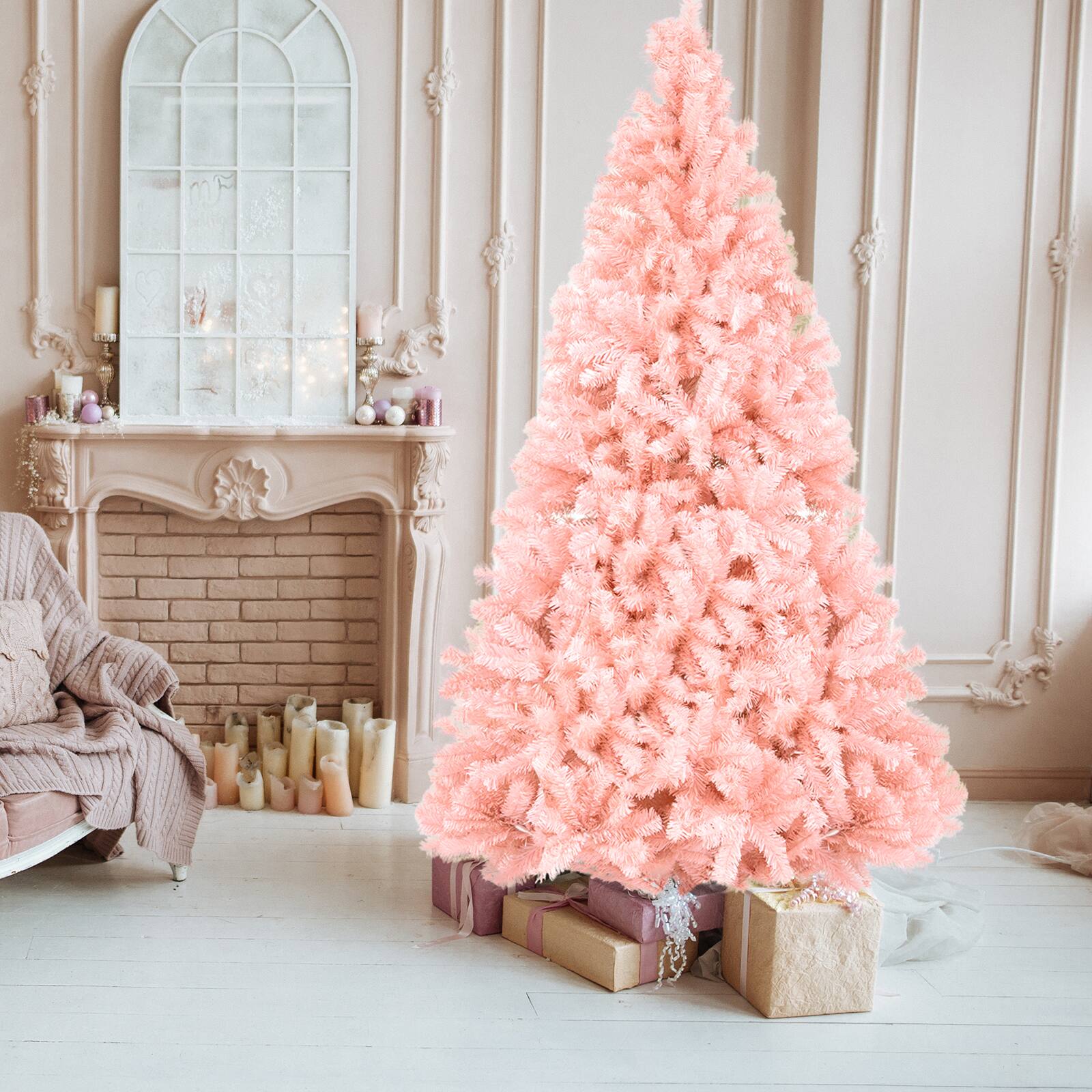 Back. VAVSEA - 7 ft Pink Christmas Tree Artificial, 1400 Tips Unlit Xmas Tree with Iron Stand for Indoor Holiday Decor - Pink.
