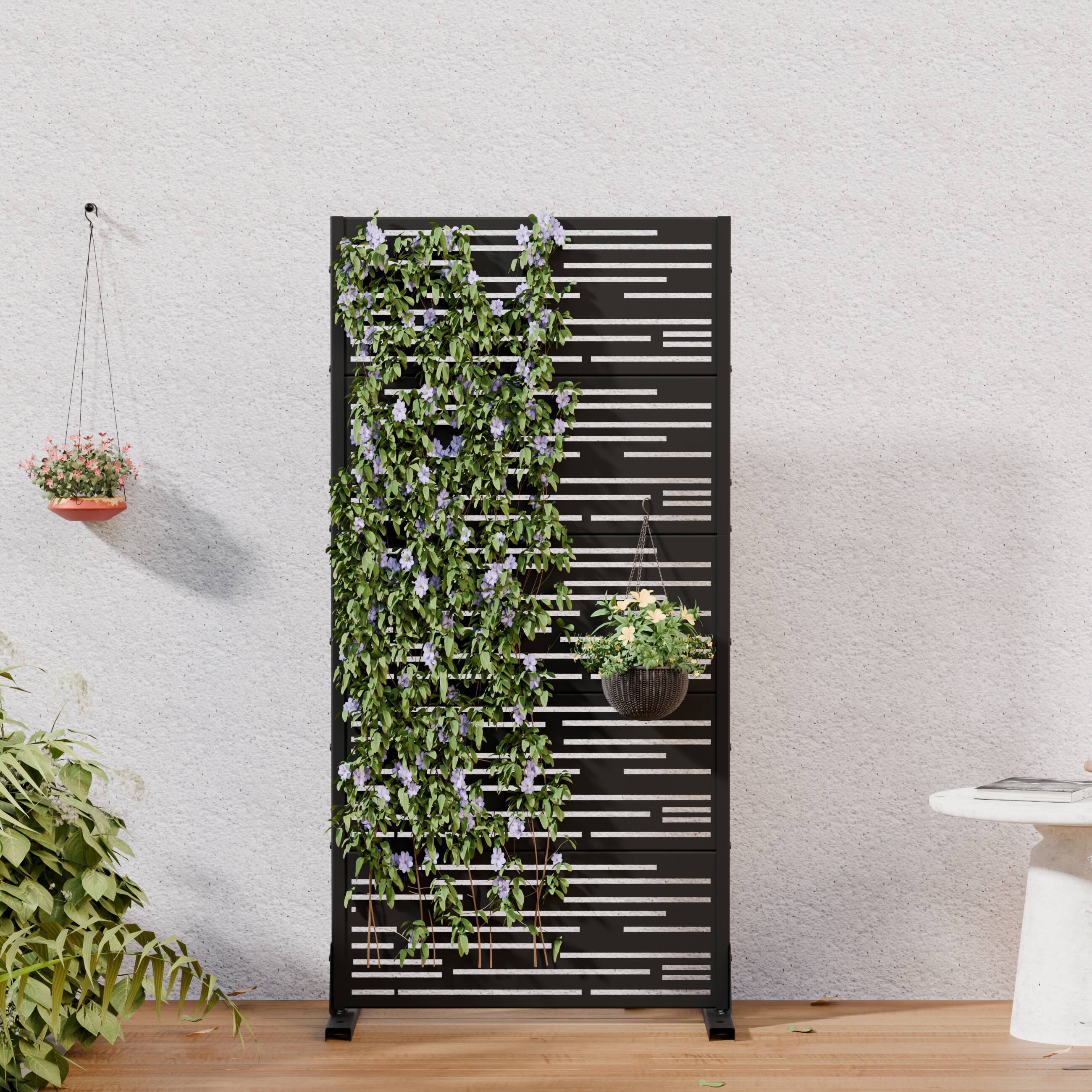 PexFix- 60"H x 30"W Outdoor Privacy Screen Metal Privacy Screen with Stand Freestanding Room Divider Decorative Privacy Fence- Black
