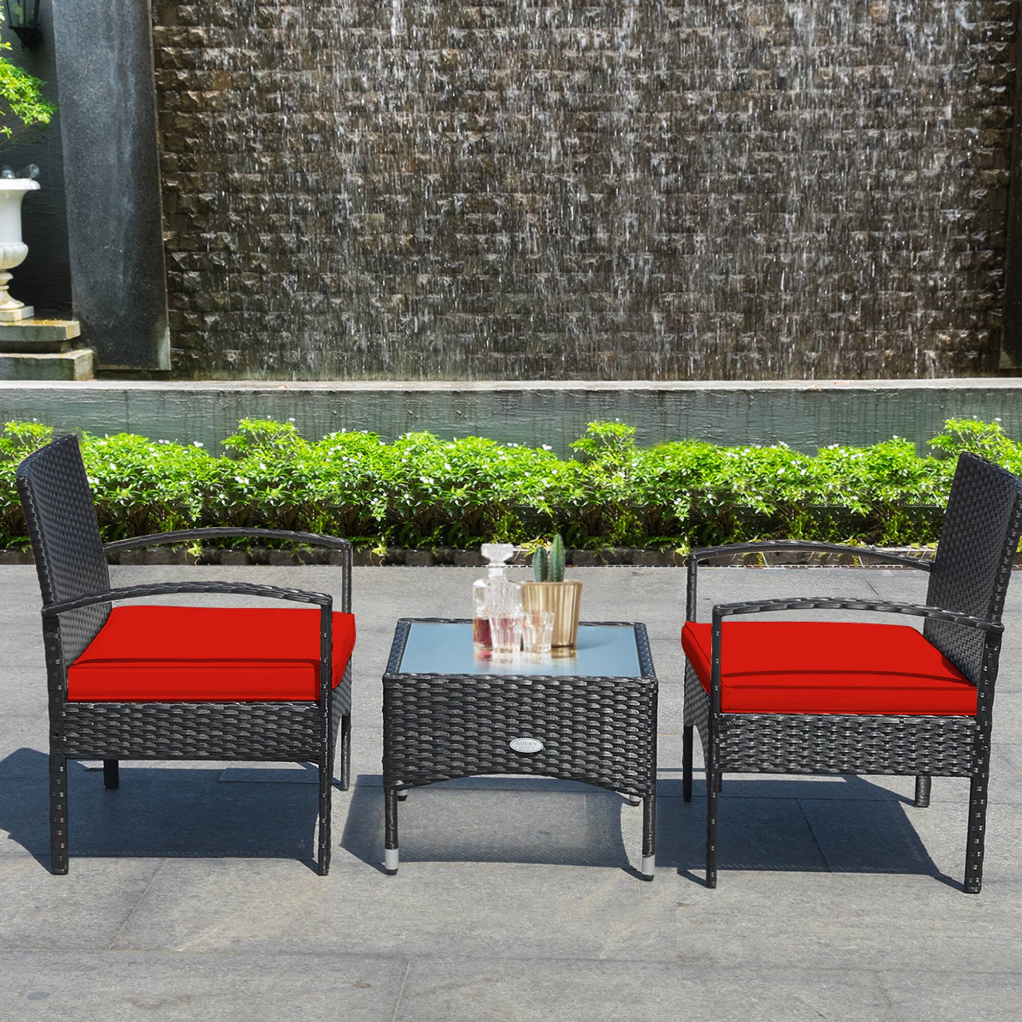 Alt View 2. Gymax - Gymax 3 PCS Patio Wicker Rattan Furniture Set Coffee Table & 2 Rattan Chair w/ Cushion Red - Red.