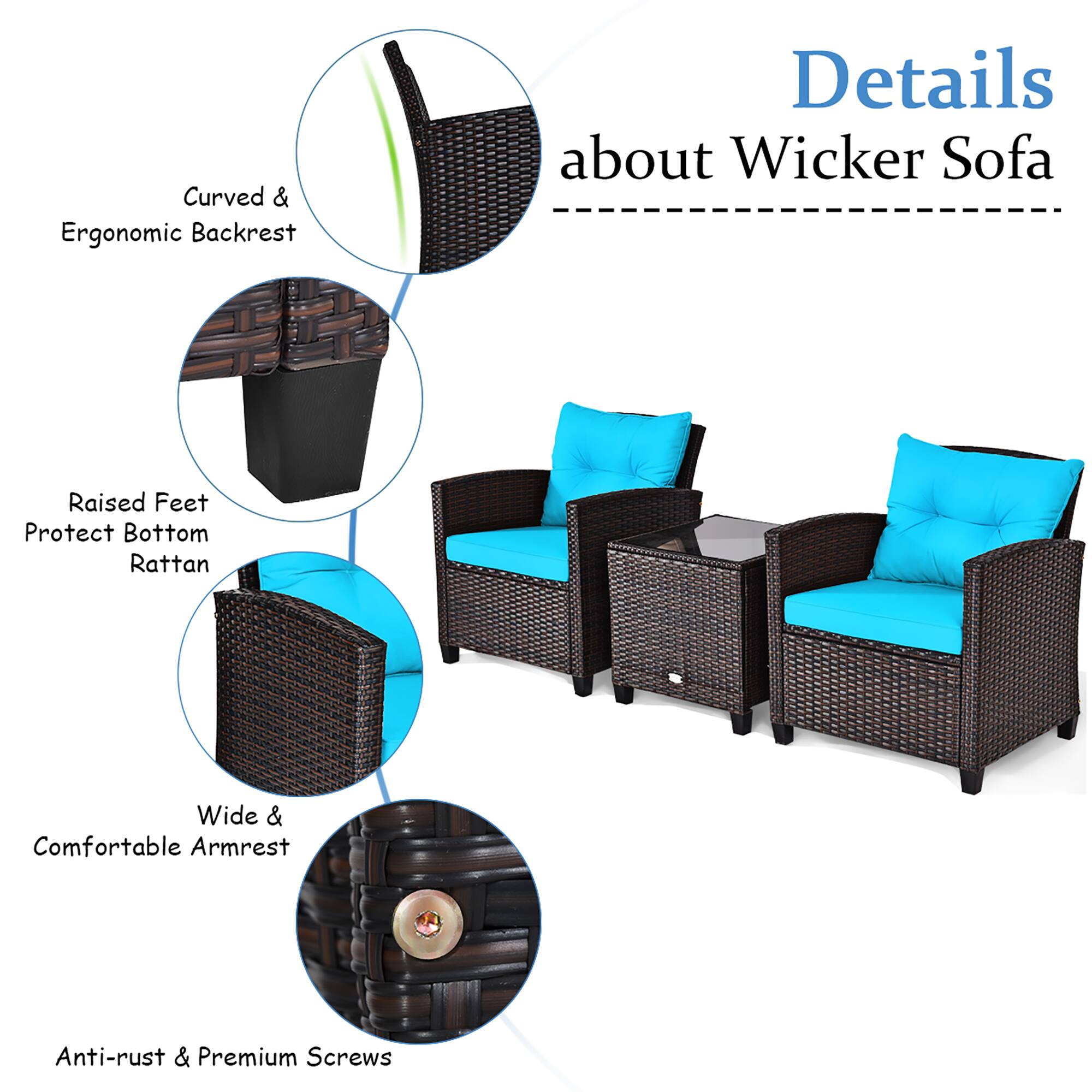 Details about Wicker Sofa: Curved & Ergonomic Backrest, Raised Feet to Protect Bottom Rattan, Wide & Comfortable Armrest, Anti-rust & Premium Screws.