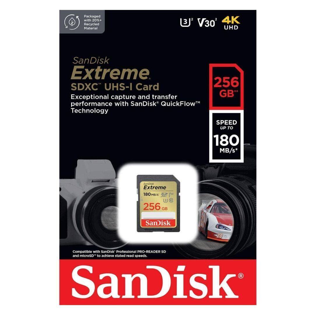 Packaged with 20%+ Recycled Material

SanDisk Extreme SDXC UHS-I Card

Exceptional capture and transfer performance with SanDisk QuickFlow Technology

SPEED UP TO 180 MB/s*

256 GB

Compatible with SanDisk Professional PRO-READER SD and microSD to achieve stated read speeds.