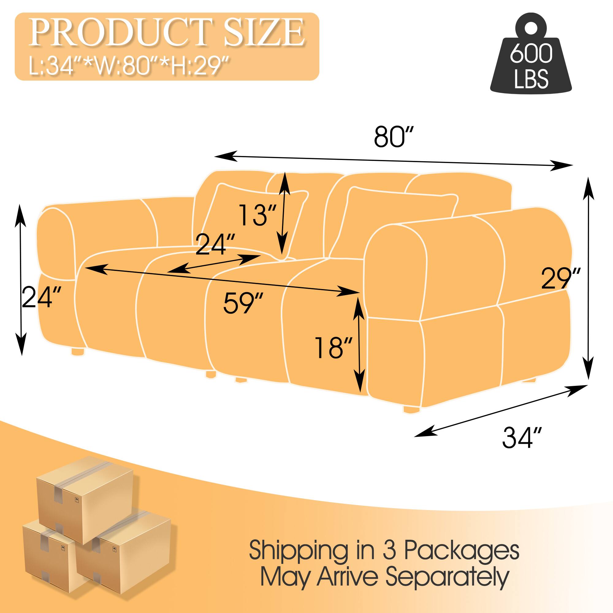 PRODUCT SIZE L:34"*W:80"*H:29"  
600 LBS  
Shipping in 3 Packages May Arrive Separately