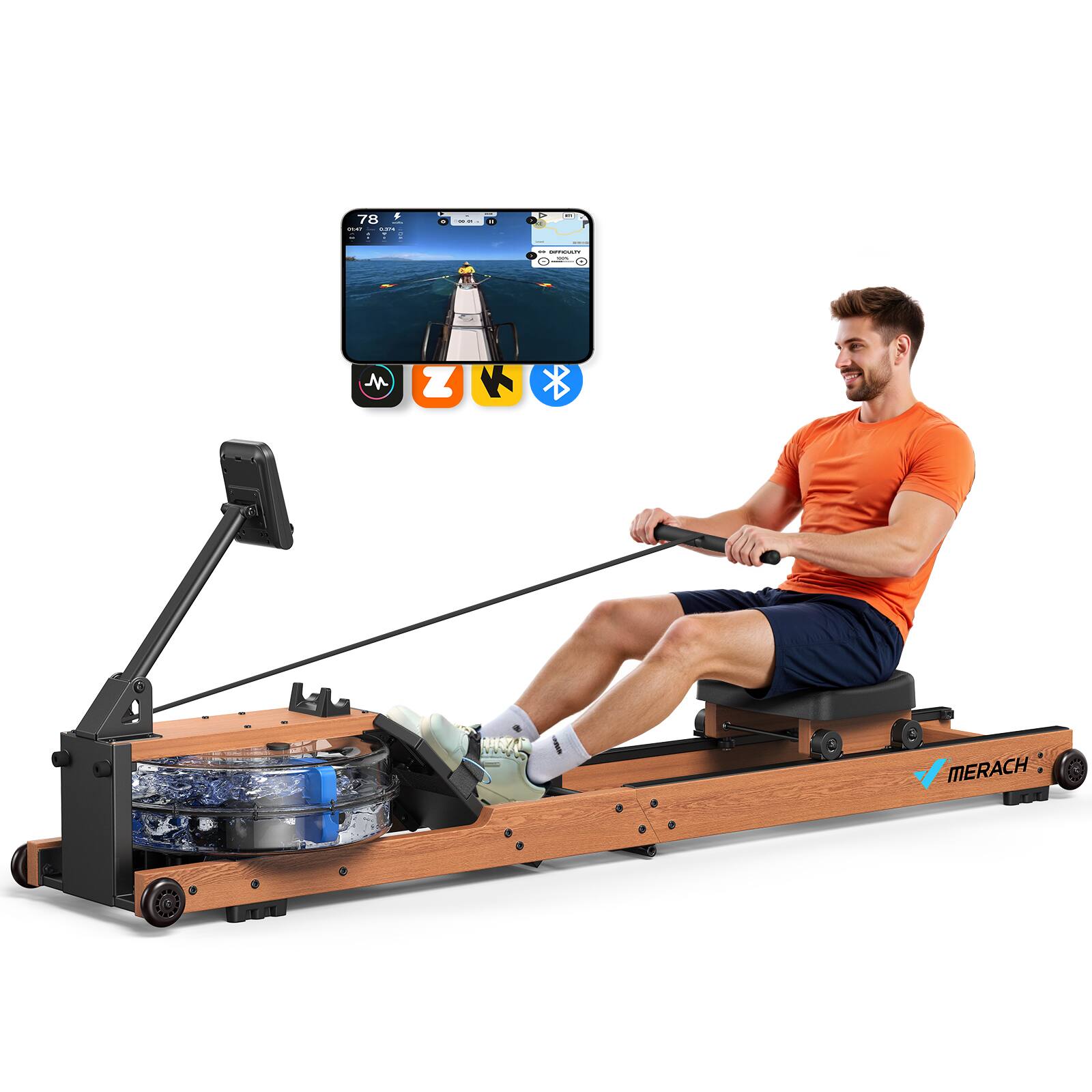 Left. MERACH - MERACH R28 Foldable Wood Water Rowing Machines for Home Gym with Free MERACH App for Immersive Water Rower - Wood.