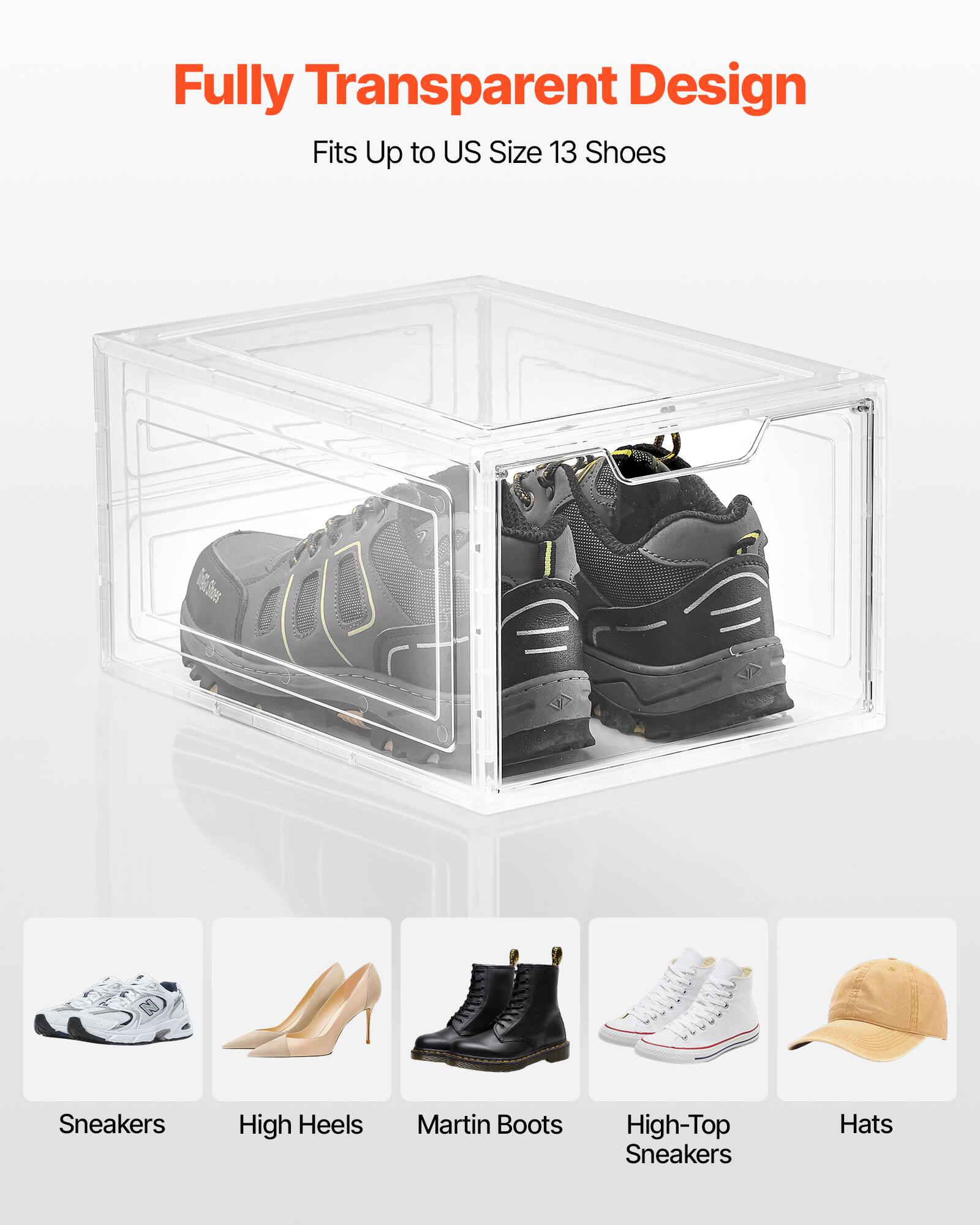 Fully Transparent Design, Fits Up to US Size 13 Shoes, Sneakers, High Heels, Martin Boots, High-Top Sneakers, Hats
