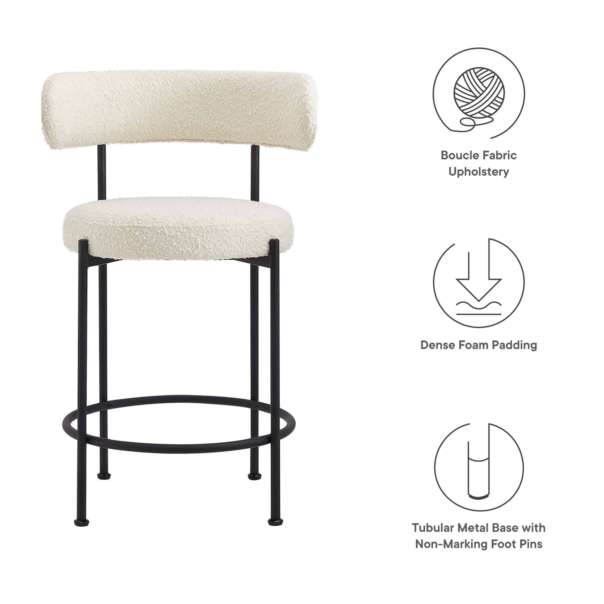 Boucle Fabric Upholstery  
Dense Foam Padding  
Tubular Metal Base with Non-Marking Foot Pins