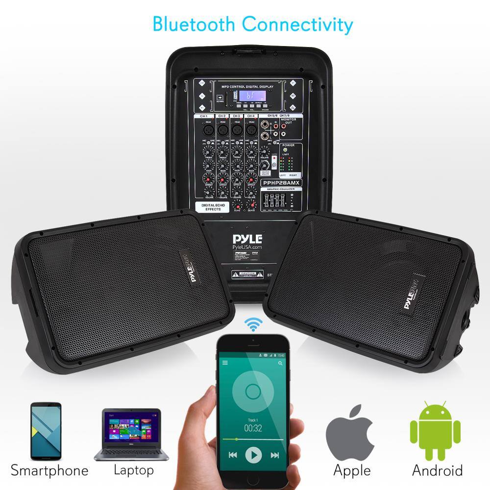 Bluetooth Connectivity

Smartphone Laptop Apple Android

PYLE

PYLEUSA.com

PHP28AMX

DIGITAL DISPLAY

MP3 CONTROL

DIGITAL ECHO EFFECTS

GRAPHIC EQUALIZER

WIRELESS

Bluetooth

PYLE

PYLE

PYLE