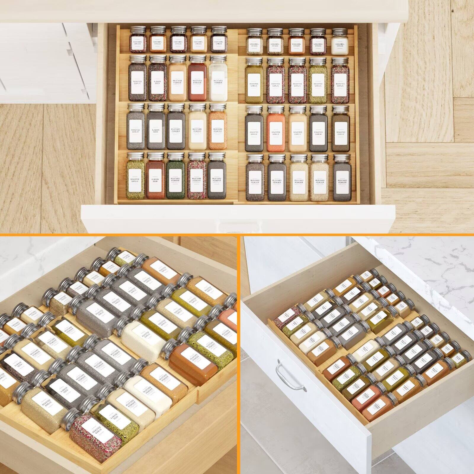 Left. Tooloton - Bamboo Spice Drawer Organizer, 4-Tier Expandable Rack, Seasoning Storage Tray, Jars Excluded - Natural.
