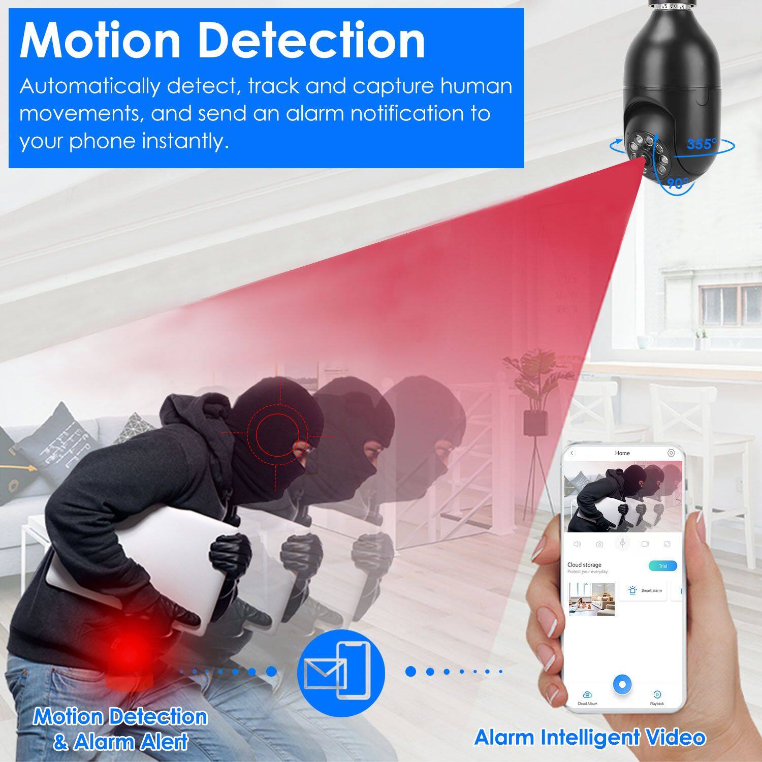 Motion Detection  
Automatically detect, track and capture human movements, and send an alarm notification to your phone instantly.

Motion Detection & Alarm Alert

Alarm Intelligent Video