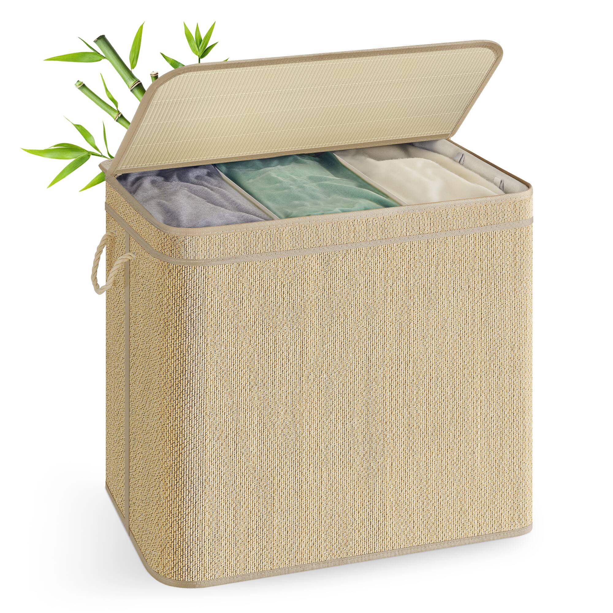 Front. Songmics Home - 3-Section Laundry Hamper, 44.9 Gal. Laundry Basket,Removable Liner, Machine Washable Fabric Bag, with Lid, Handles - Natural Color.