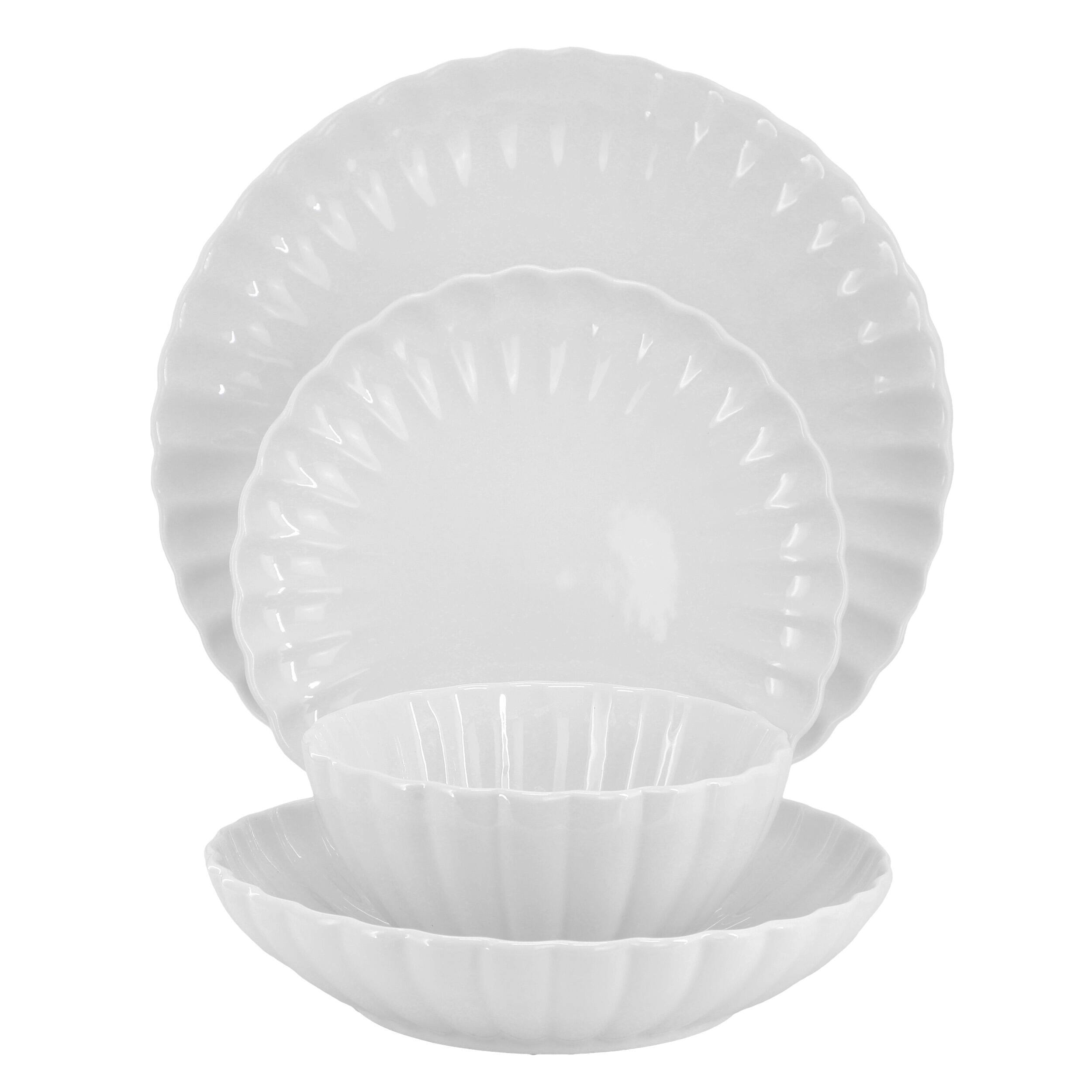 Alt View 1. Elama - Elama Jane 16 Piece Scalloped Double Bowl Porcelain Dinnerware Set in White - White.