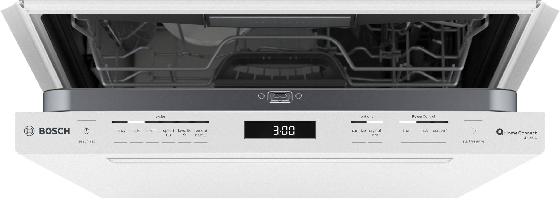 BOSCH  
cycles: heavy, auto, normal, speed, favorite  
reset 4 sec  
60  
start D  
3:00  
options: sanitize, crystal dry  
PowerControl: front, back, custom*  
Home Connect 42 GBA  
start/resume