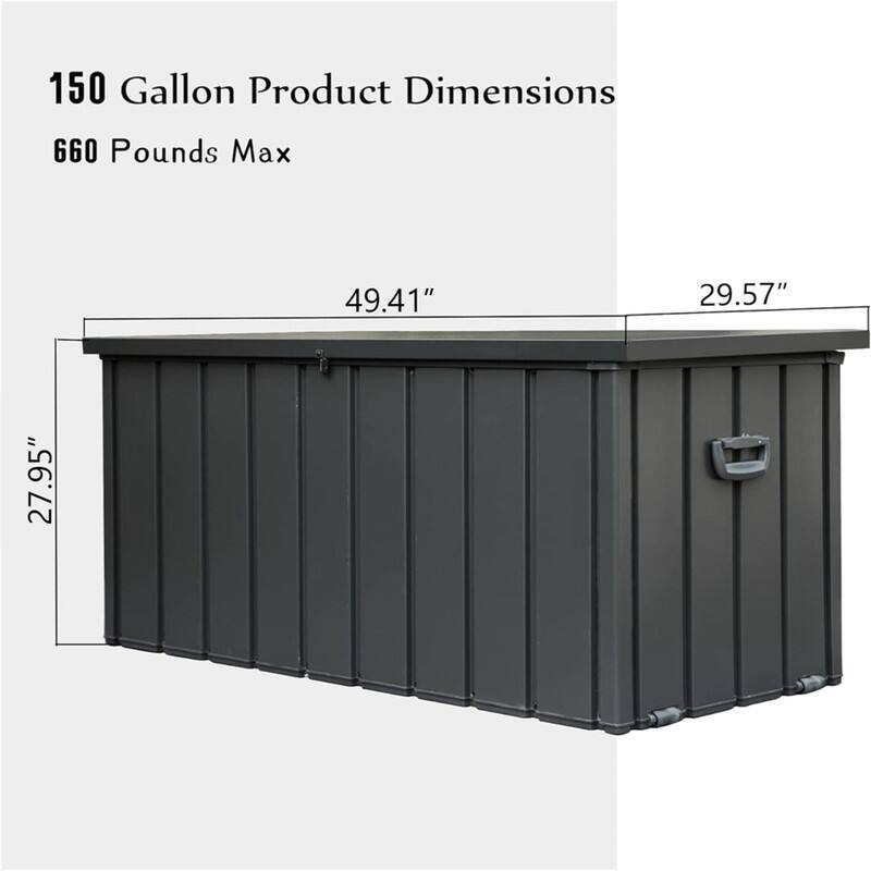 150 Gallon Product Dimensions  
660 Pounds Max  
49.41" x 29.57" x 27.95"