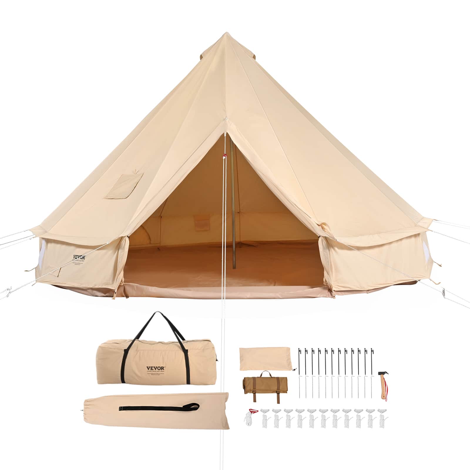 VEVOR - Canvas Bell Tent, 4 Seasons 4 m/13.12 ft Yurt Tent, Canvas Tent for Camping with Stove Jack, Holds up to 6 People - Beige