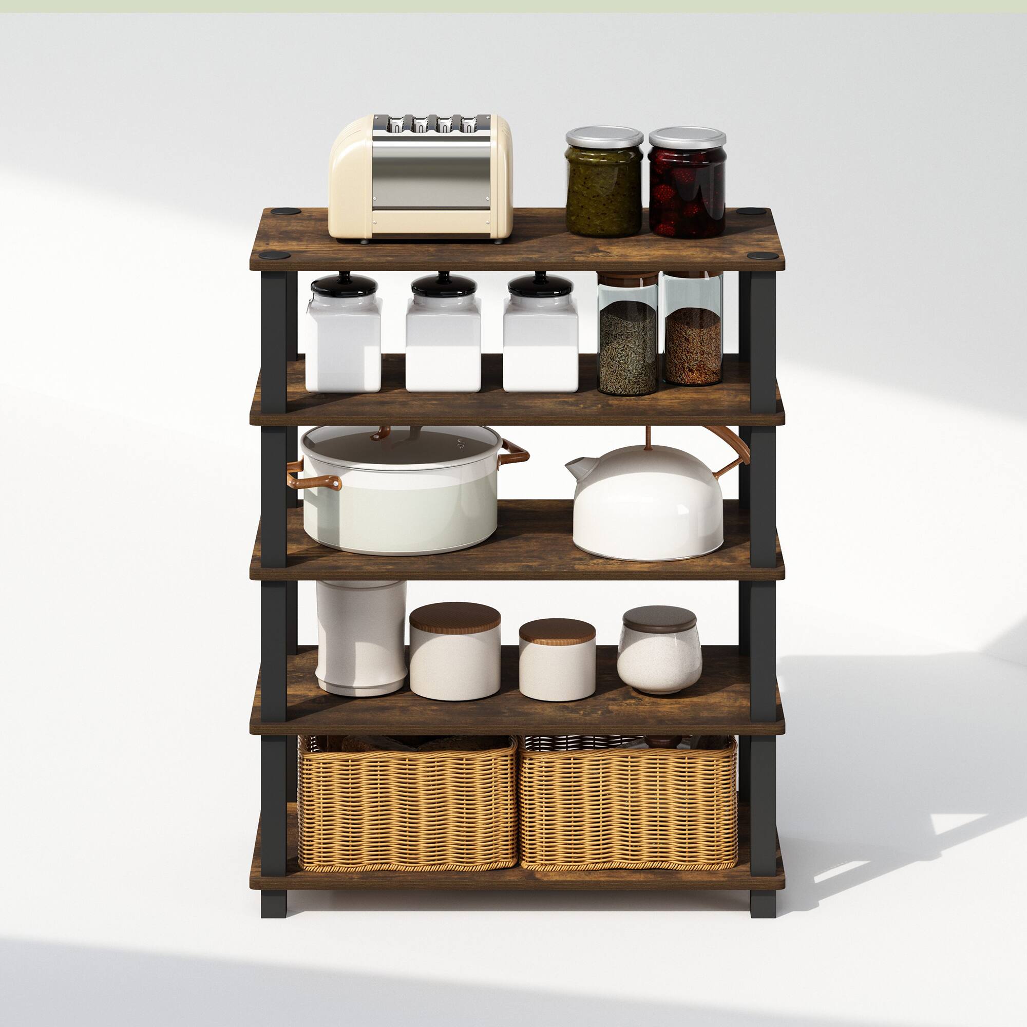 Alt View 4. Furinno - Turn-S-Tube 3-Tier Multipurpose Stackable Standing Shelves, Amber Pine/Black, Set of 2 - Amber Pine/Black.