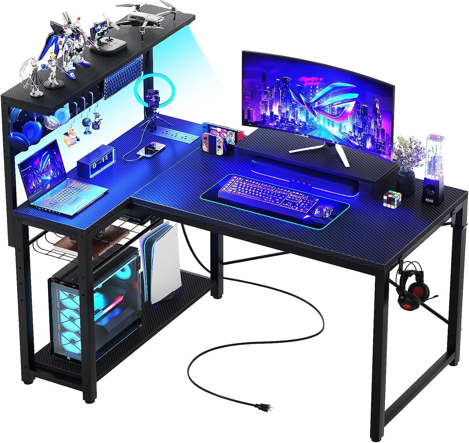 Angle. Aheaplus - 43 Inch Small L-Shaped Gaming Desk with Power Outlets and RGB LED Lights - Black.