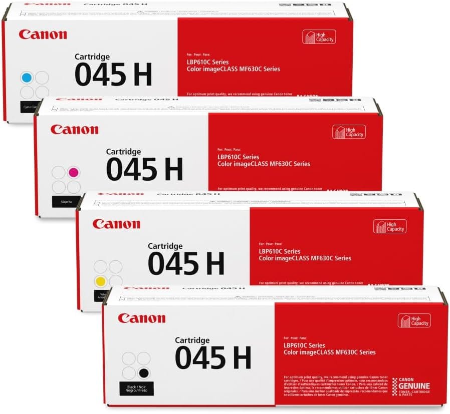 Canon High Capacity Cartridge 045 H  
For LBP610C Series Color imageCLASS MF630C Series  
For optimum print quality, we recommend using genuine Canon toner.

Canon High Capacity Cartridge 045 H  
For LBP610C Series Color imageCLASS MF630C Series  
For optimum print quality, we recommend using genuine Canon toner.

Canon High Capacity Cartridge 045 H  
For LBP610C Series Color imageCLASS MF630C Series  
For optimum print quality, we recommend using genuine Canon toner.

Canon High Capacity Cartridge 045 H  
For LBP610C Series Color imageCLASS MF630C Series  
For optimum print quality, we recommend using genuine Canon toner.
